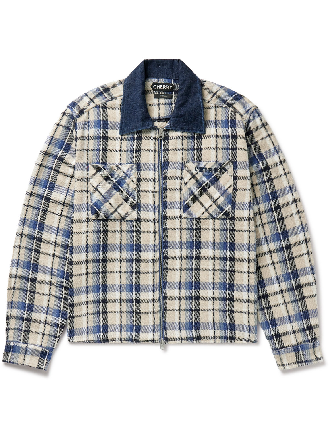 Cherry Los Angeles Chambray-trimmed Logo-embroidered Checked Cotton-flannel Shirt Jacket In Blue