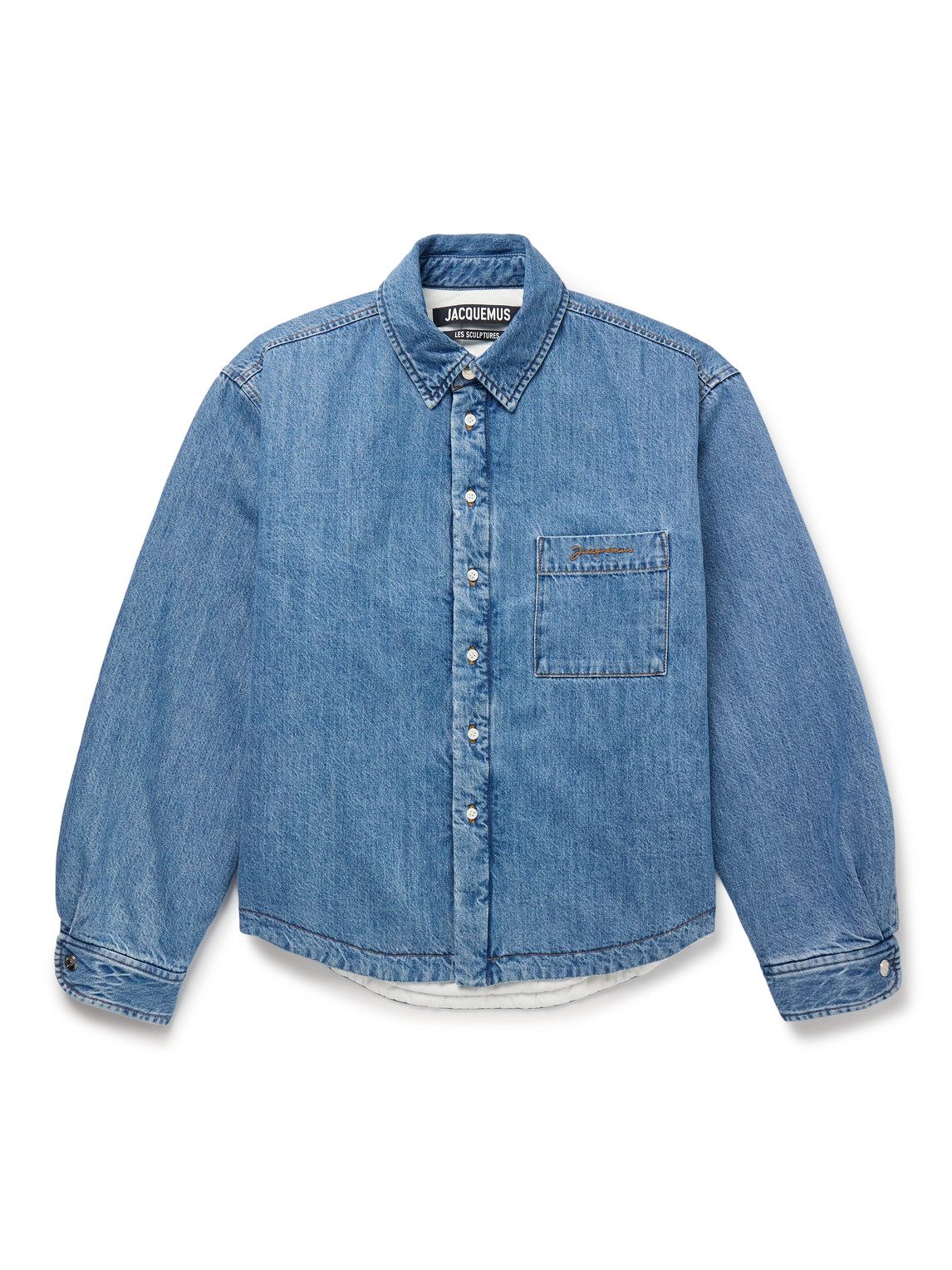 Jacquemus Boulanger Logo-embroidered Padded Recycled-denim Overshirt In Blue