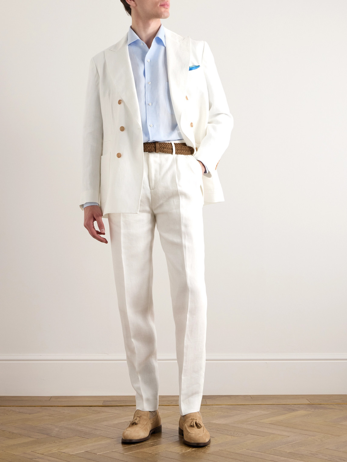 Shop Brunello Cucinelli Slim-fit Straight-leg Pleated Linen-twill Suit Trousers In White