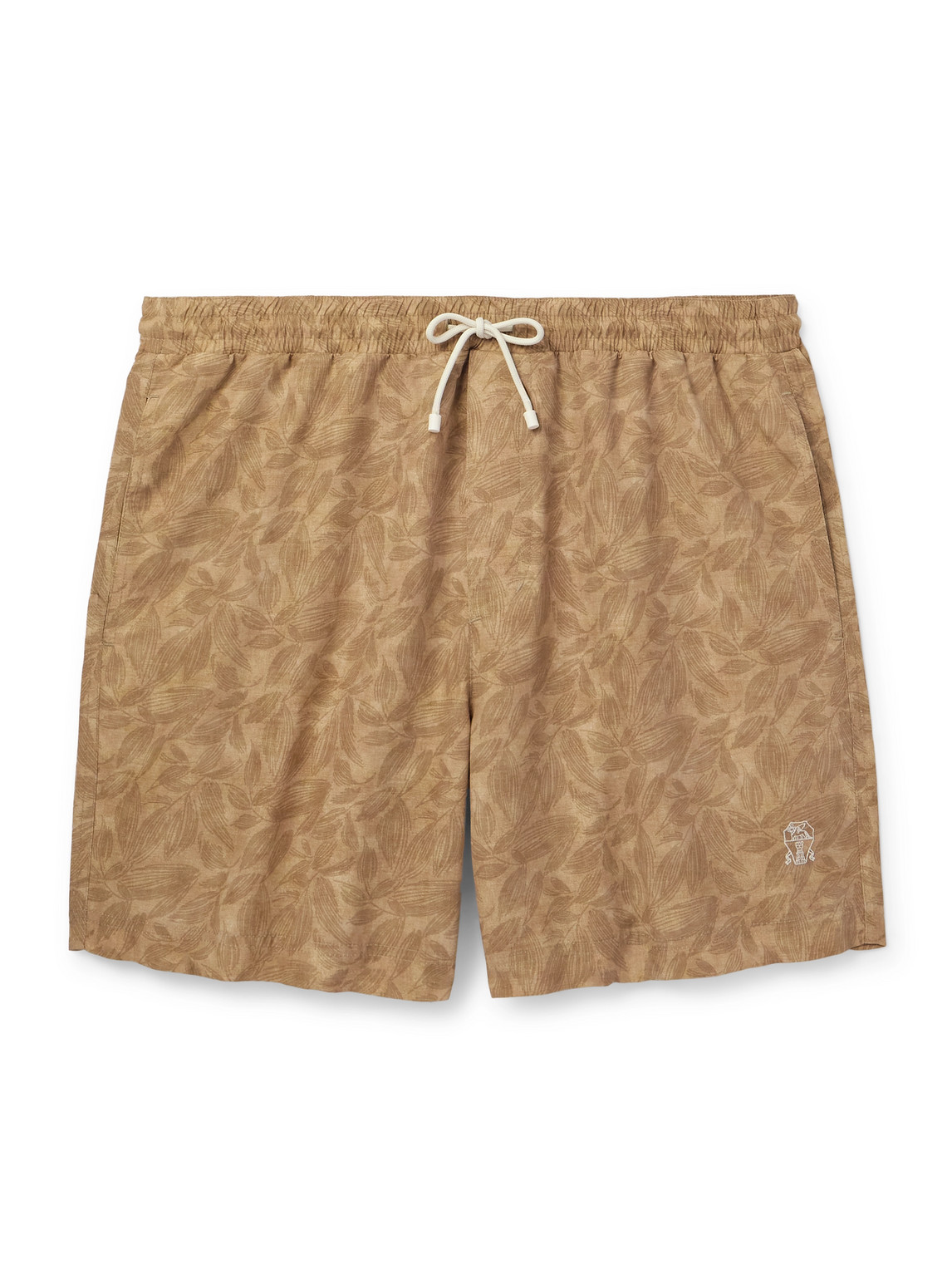 Brunello Cucinelli Straight-leg Mid-length Logo-embroidered Printed Swim Shorts In Brown