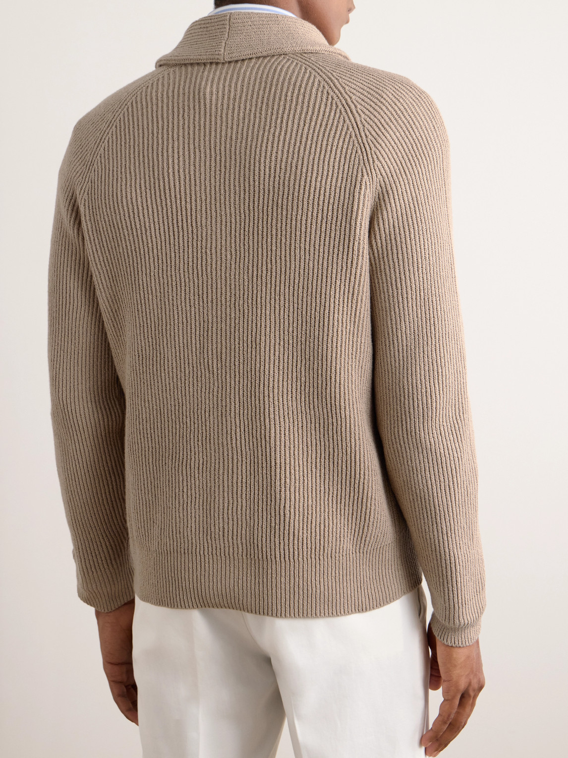 Shop Brunello Cucinelli Shawl-collar Ribbed Cotton Cardigan In Neutrals