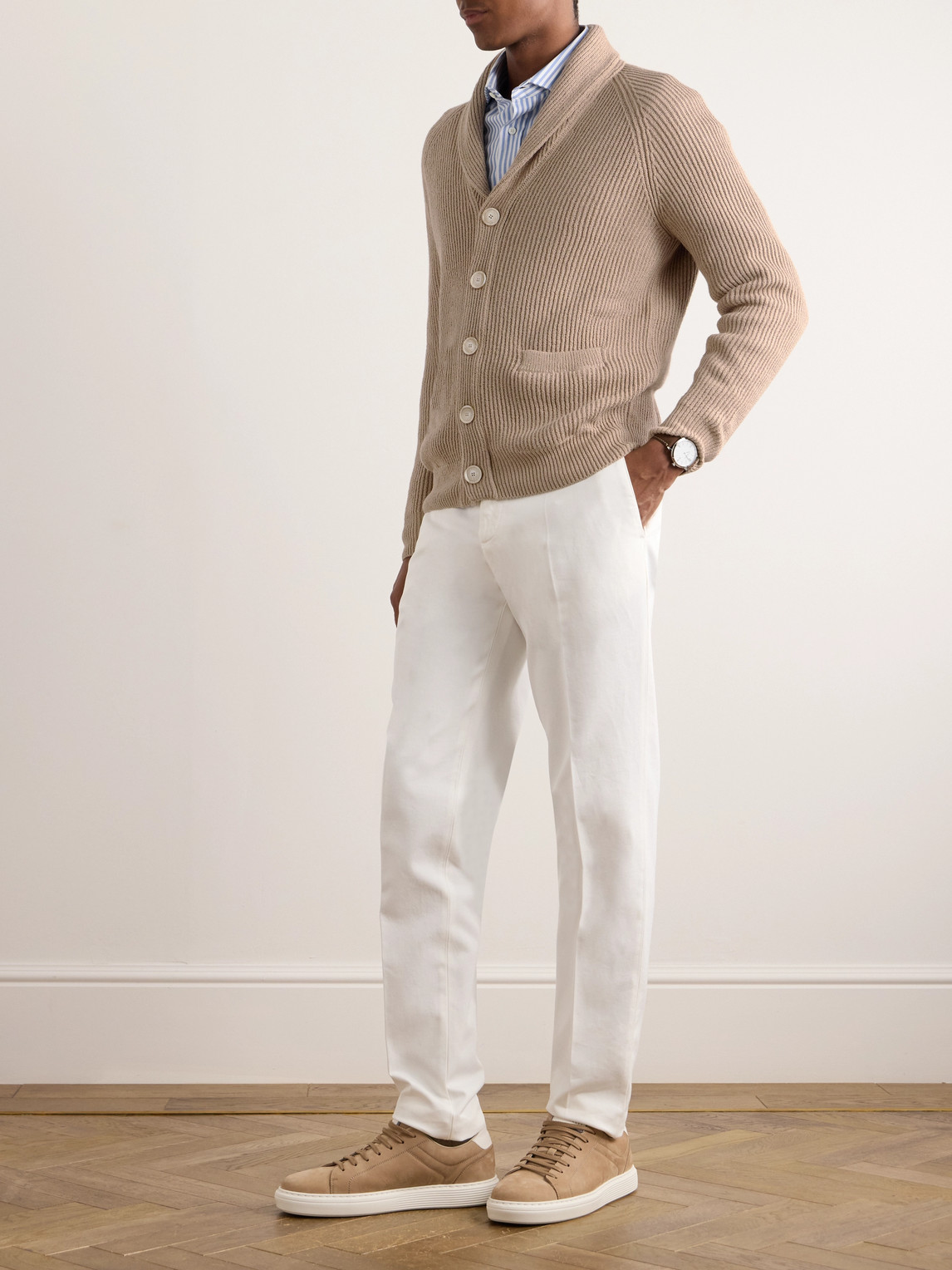 Shop Brunello Cucinelli Shawl-collar Ribbed Cotton Cardigan In Neutrals