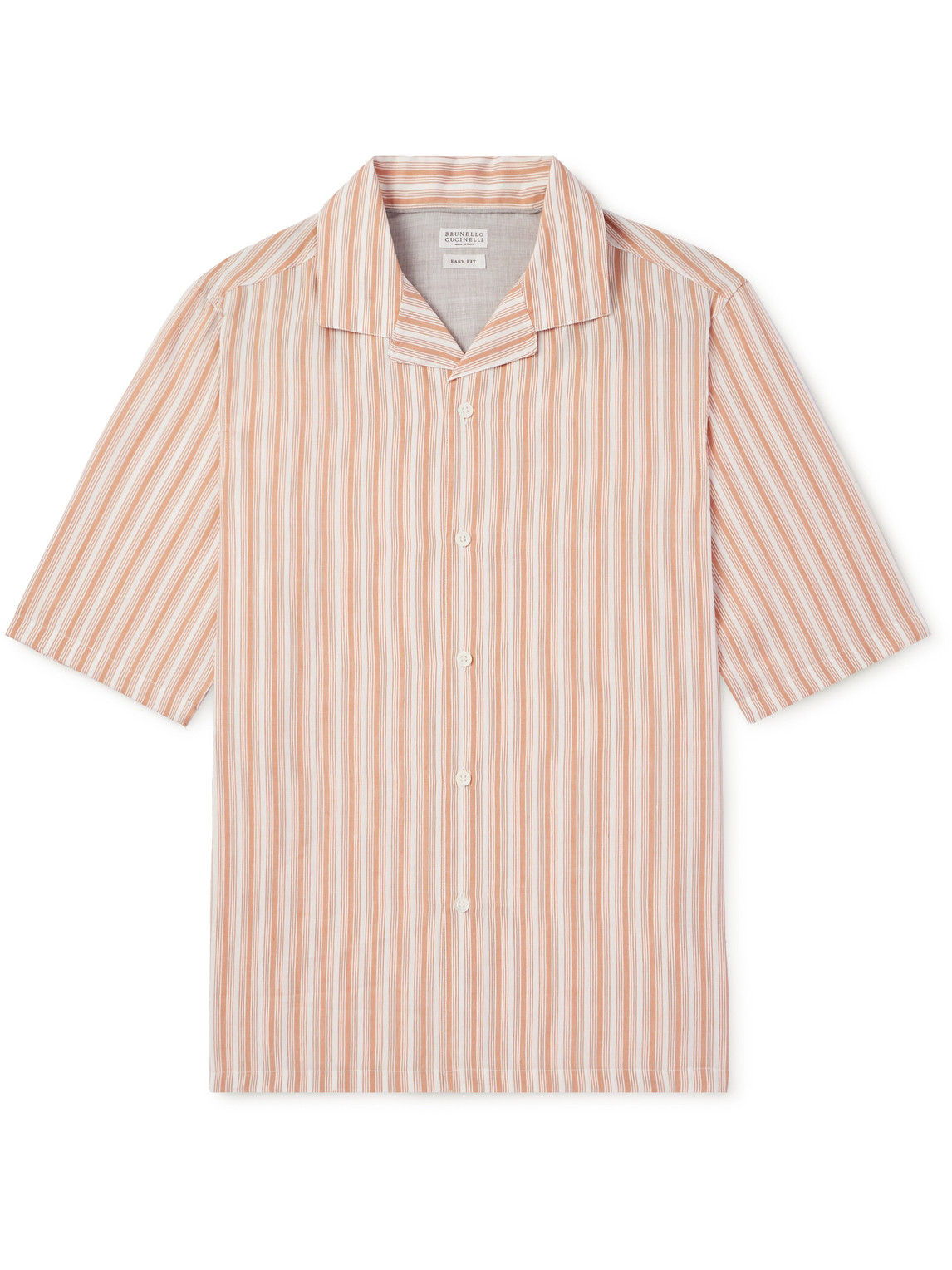 Brunello Cucinelli Camp-collar Striped Linen And Lyocell-blend Shirt In Orange