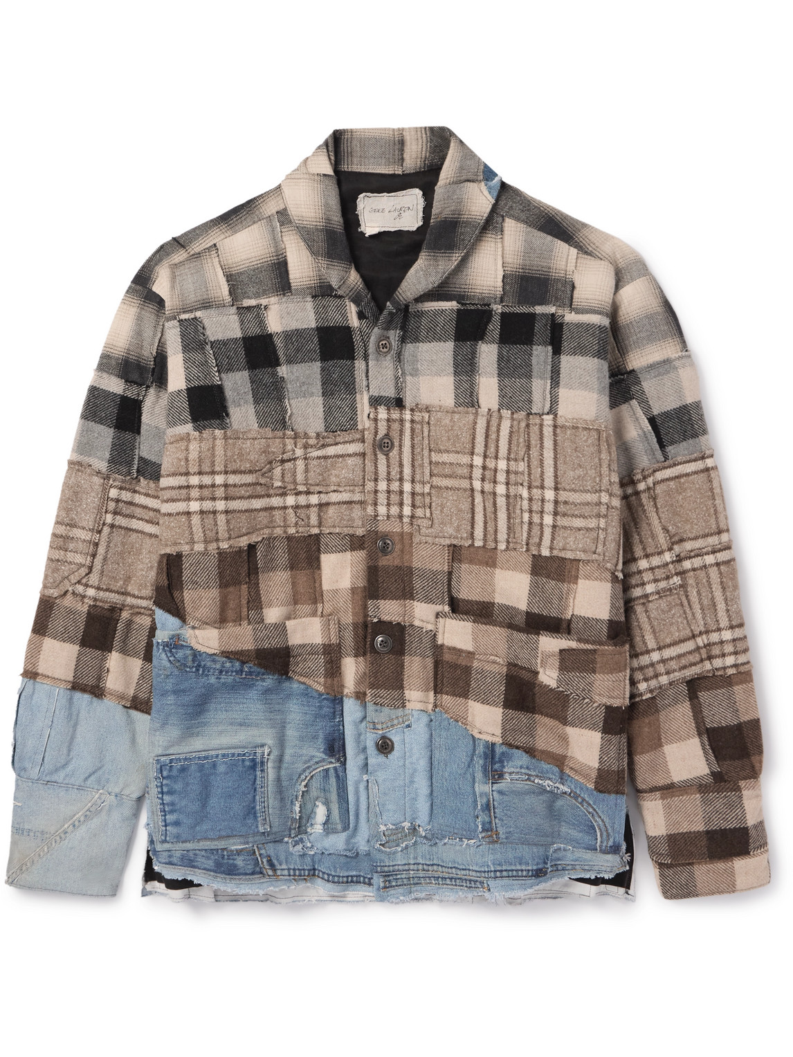 Greg Lauren Patchwork Denim-trimmed Checked Flannel Overshirt In Brown