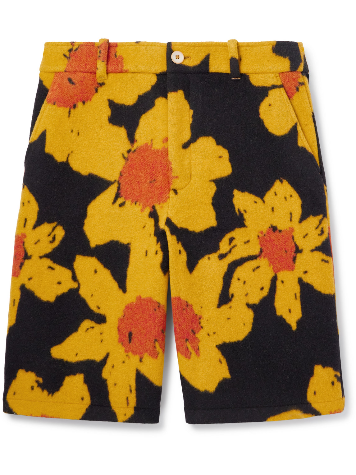 Shop The Elder Statesman Senna Straight-leg Floral-print Wool And Cashmere-blend Shorts In Yellow
