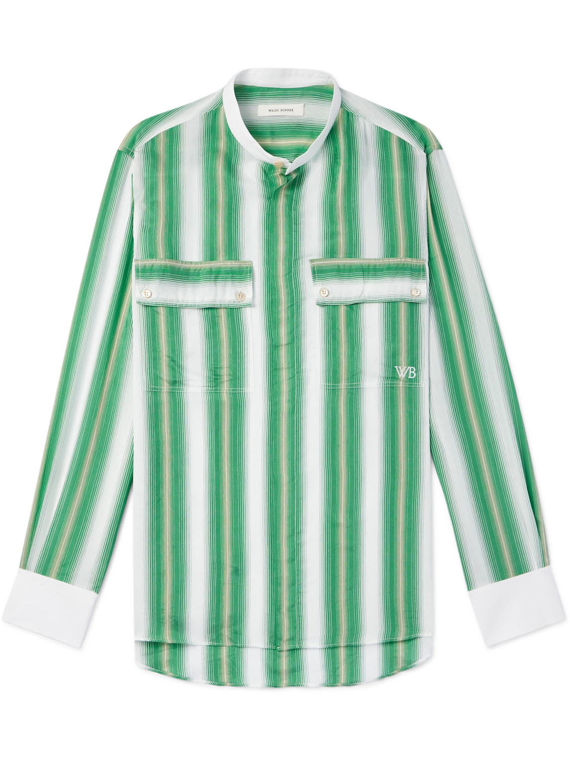 Wales Bonner Cadence Grandad-collar Poplin-trimmed Striped Woven Shirt In Green