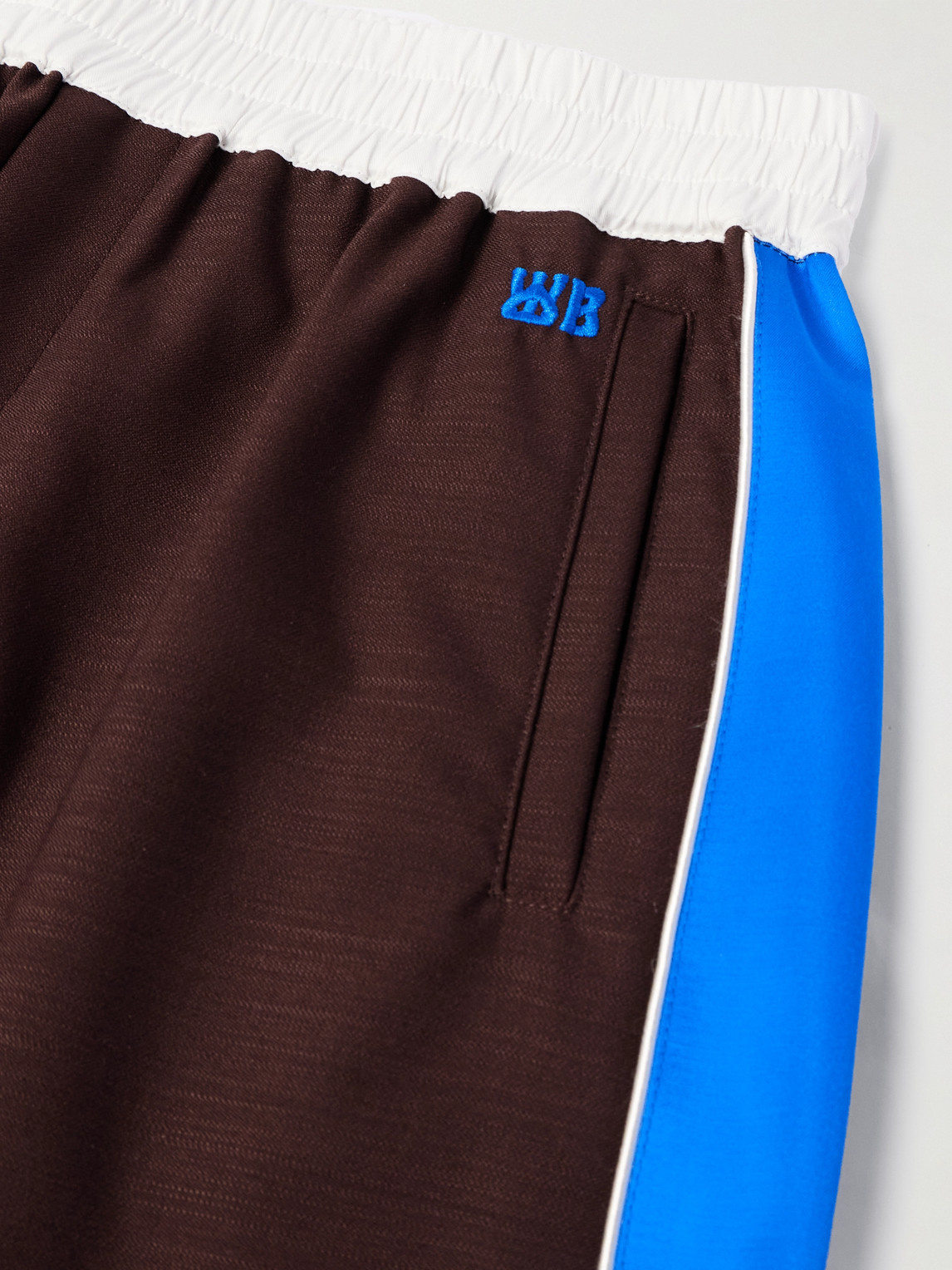 Shop Wales Bonner Courage Straight-leg Logo-embroidered Shell And Satin-trimmed Wool Track Pants In Brown