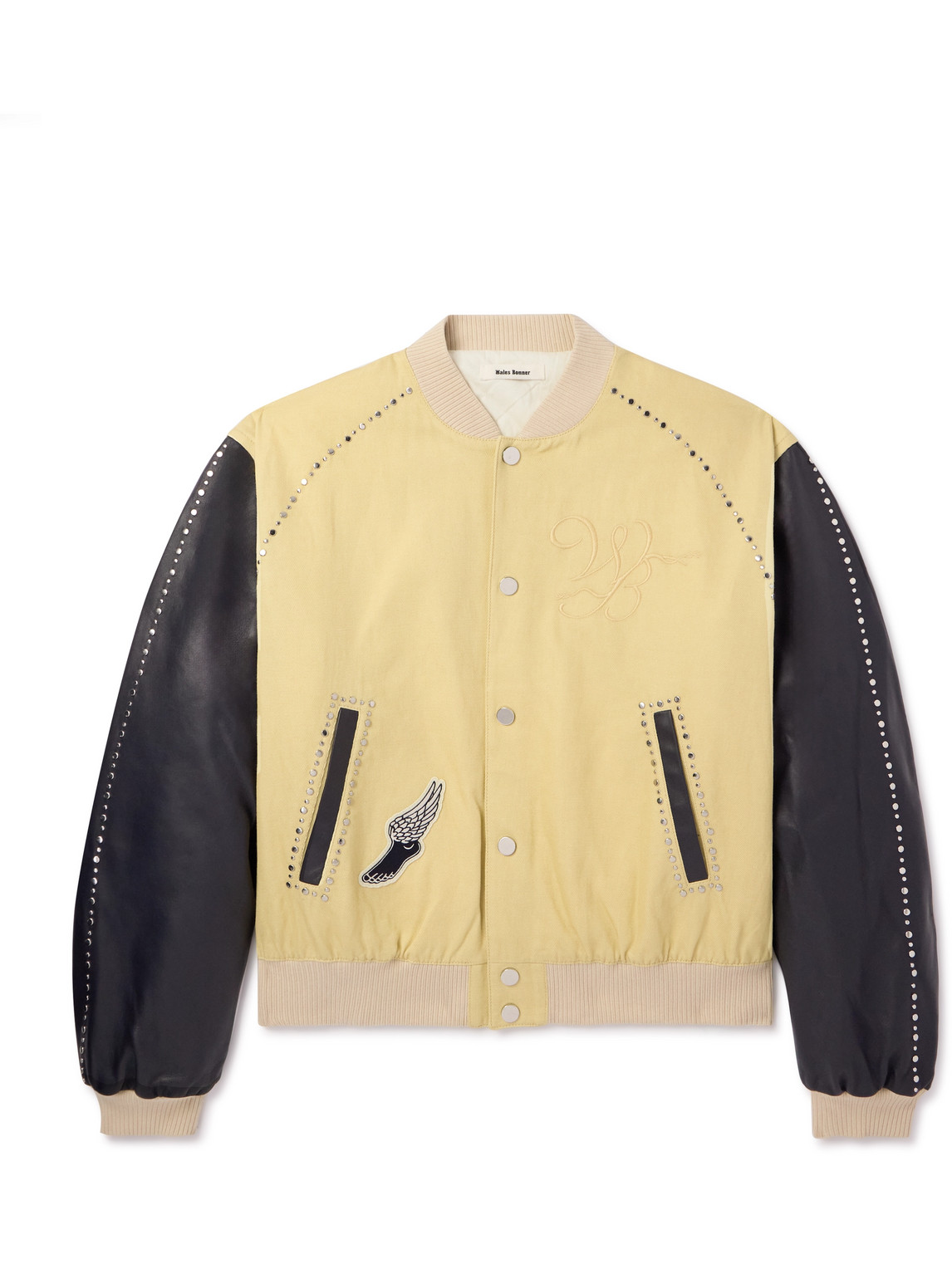 Shop Wales Bonner Sky Leather-trimmed Cotton And Linen-blend Varsity Jacket In Yellow