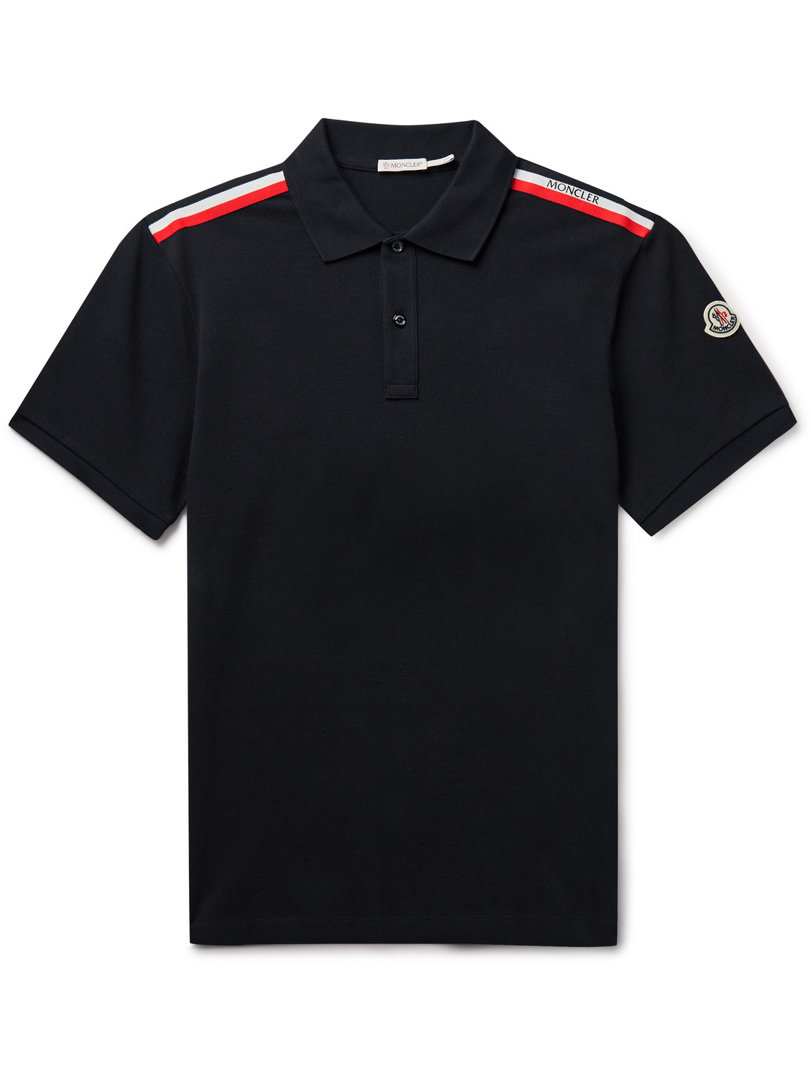 Moncler Logo-appliquéd Webbing-trimmed Cotton-piqué Polo Shirt In Blue