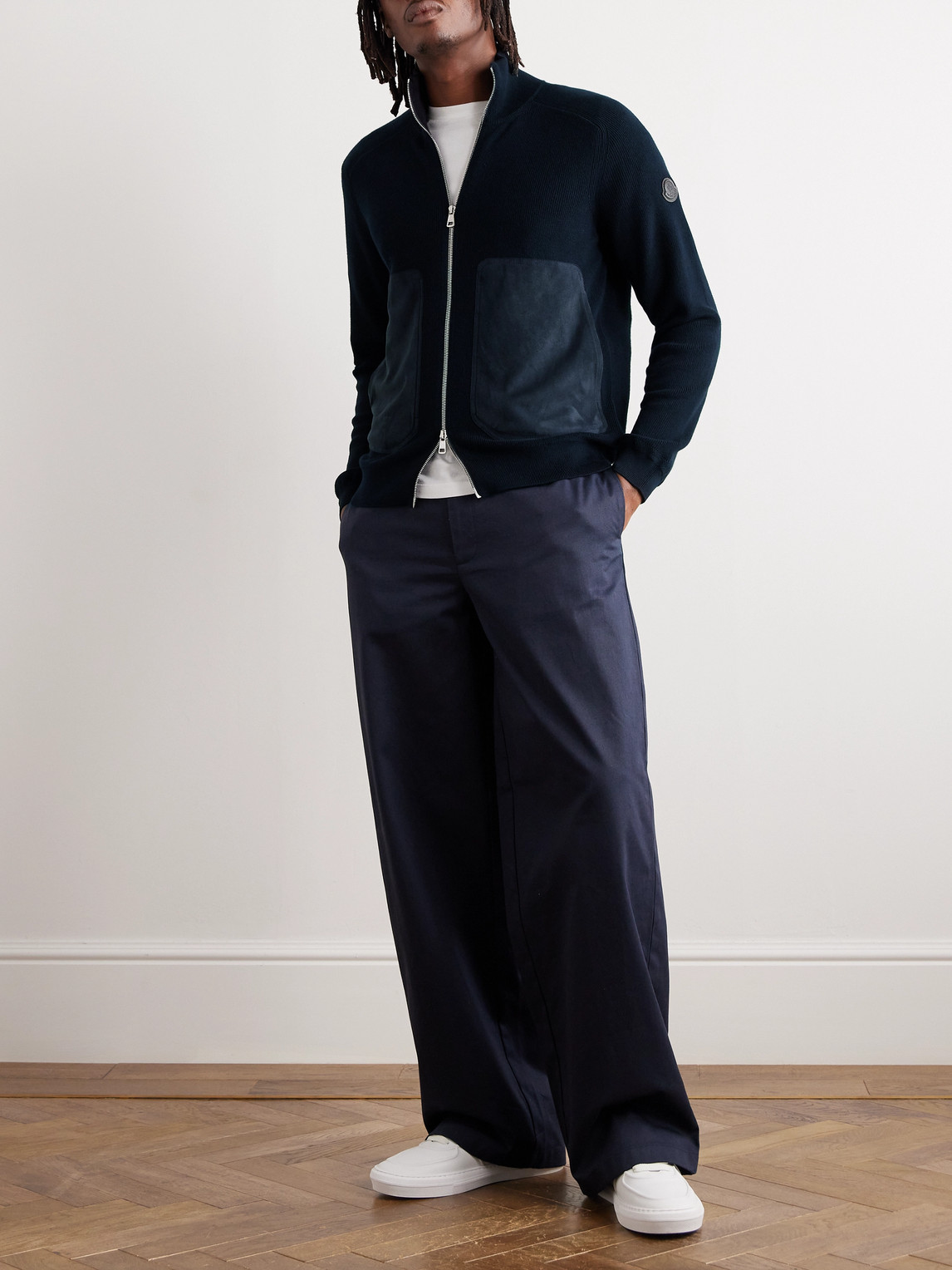 Shop Moncler Logo-appliquéd Suede-trimmed Cotton And Cashmere-blend Zip-up Cardigan In Blue