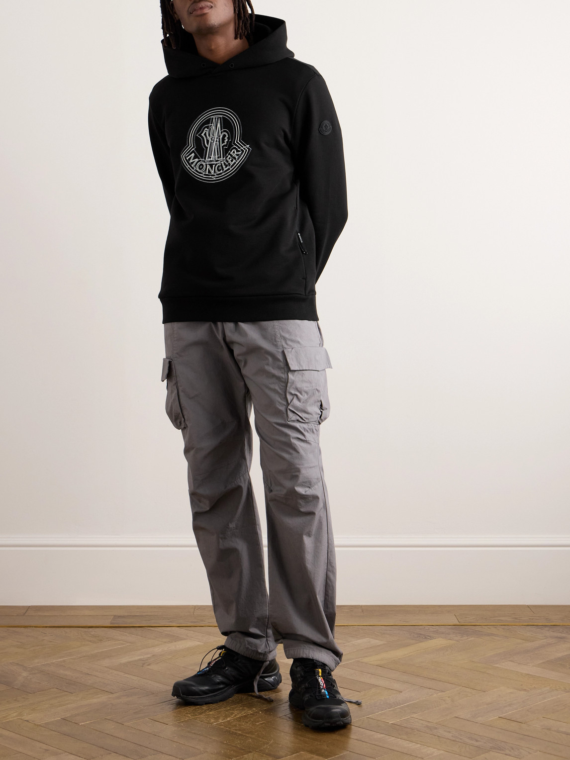 Shop Moncler Logo-appliquéd Printed Cotton-jersey Hoodie In Black