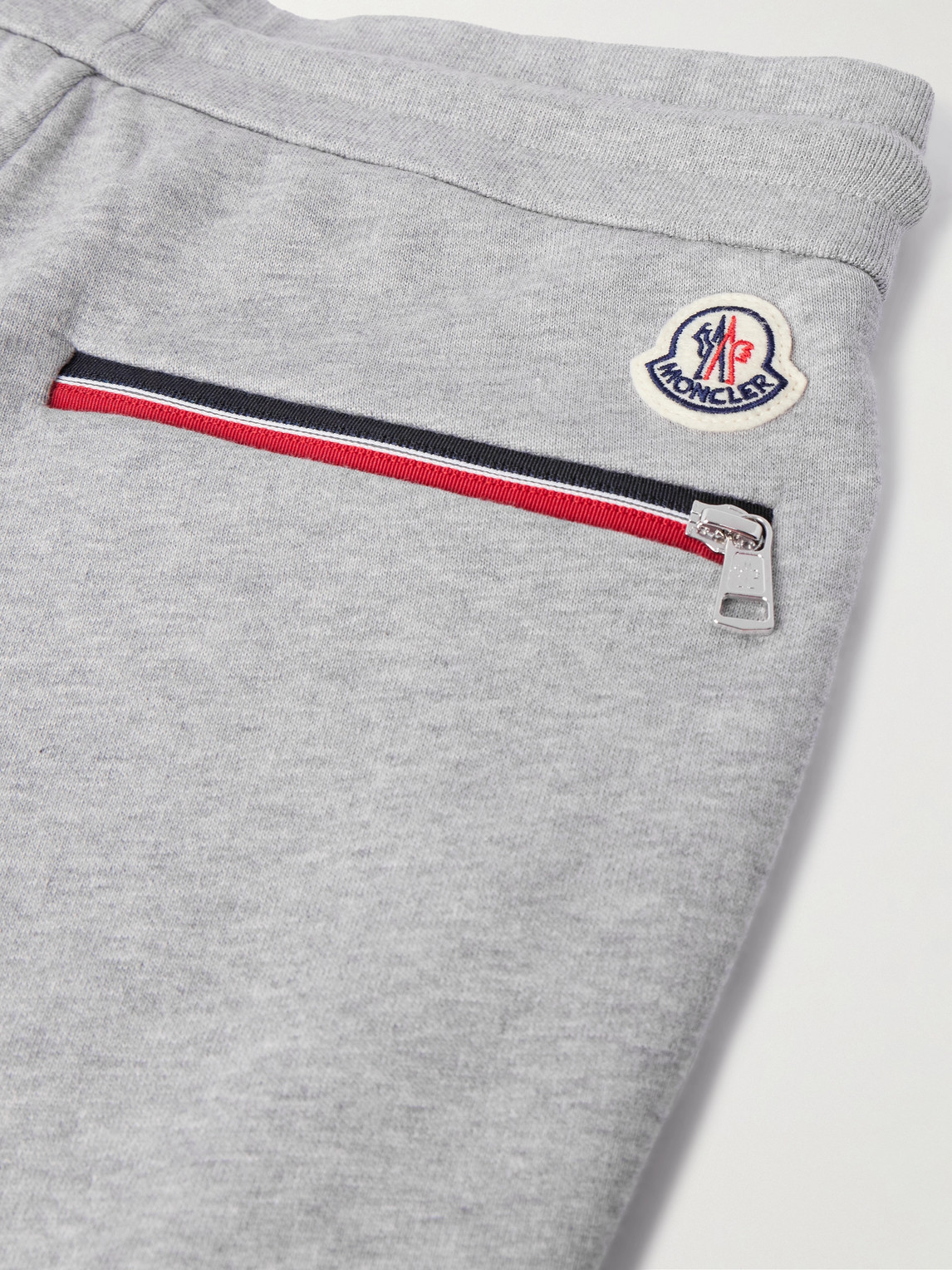 Shop Moncler Logo-appliquéd Cotton-jersey Sweatpants In Gray