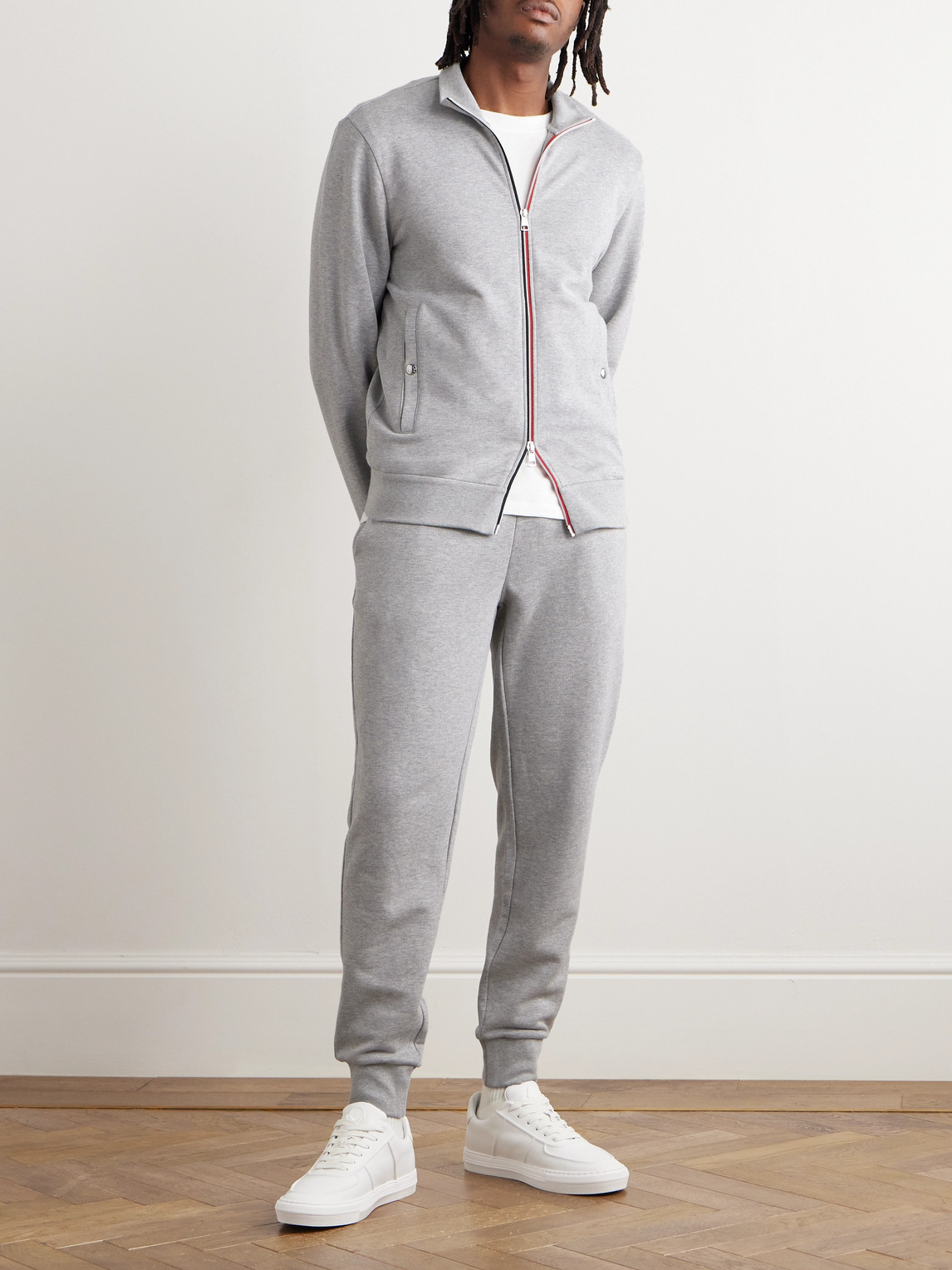 Shop Moncler Logo-appliquéd Cotton-jersey Sweatpants In Gray