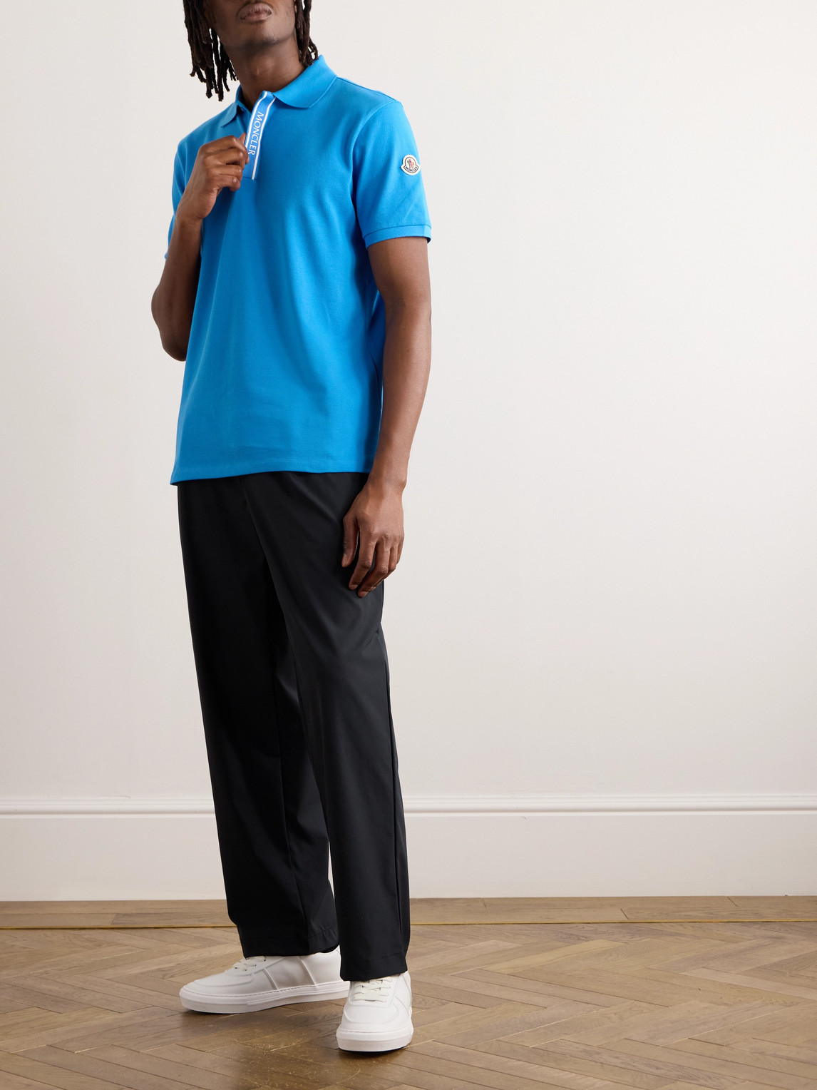 Shop Moncler Logo-appliquéd Grosgrain-trimmed Cotton-piqué Polo Shirt In Blue