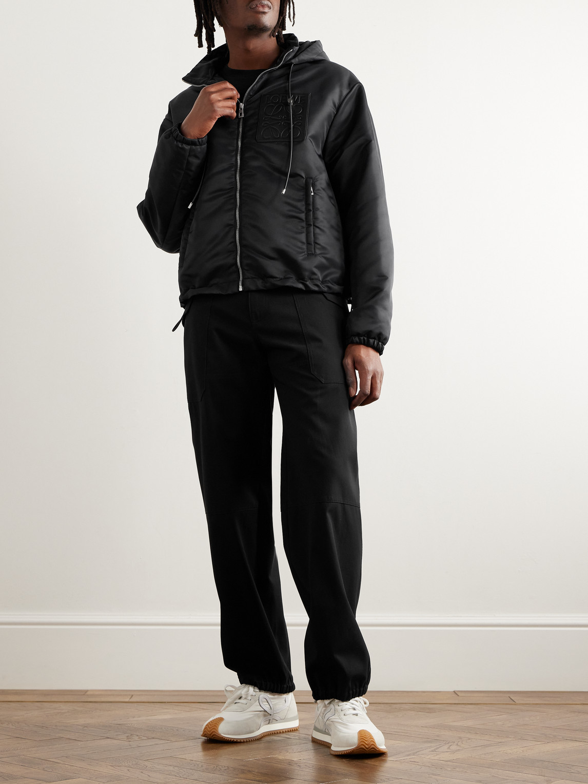 Shop Loewe Leather-trimmed Shell Hooded Jacket In Black