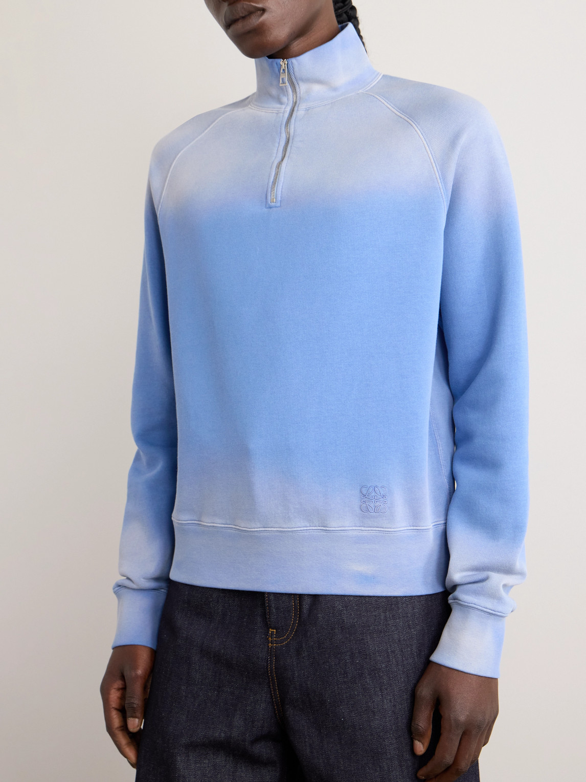 Shop Loewe Anagram Logo-embroidered Tie-dyed Cotton-jersey Half-zip Sweatshirt In Blue