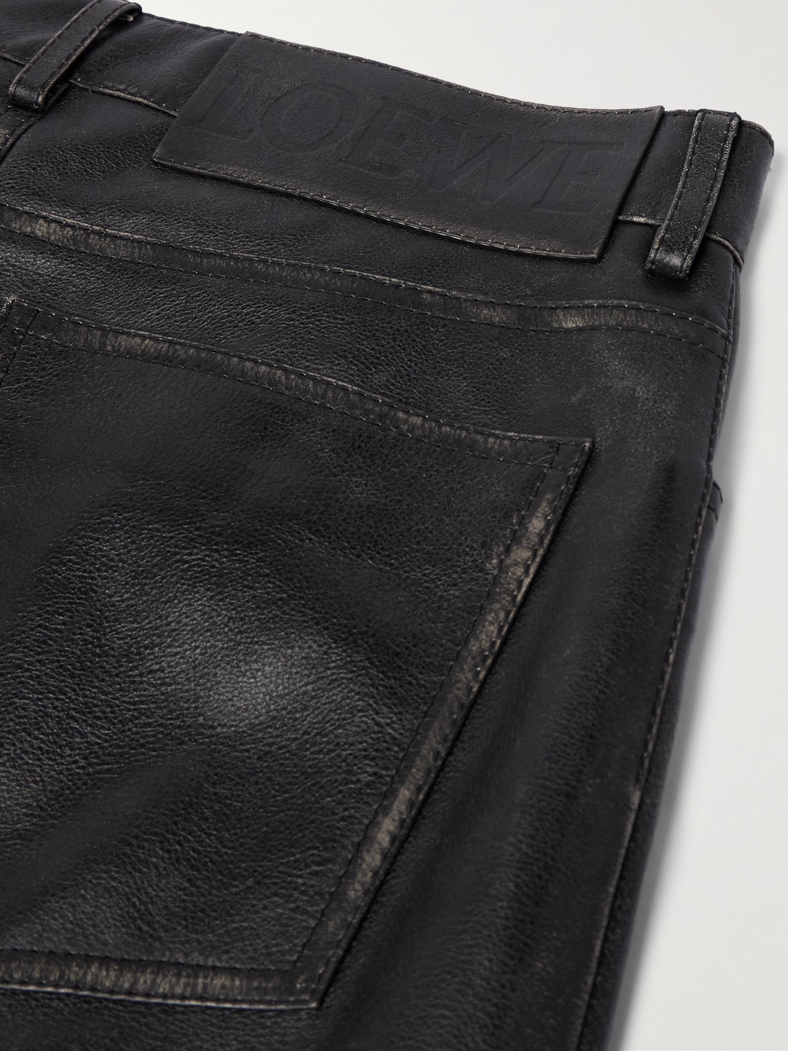Shop Loewe Straight-leg Distressed Full-grain Leather Trousers In Black
