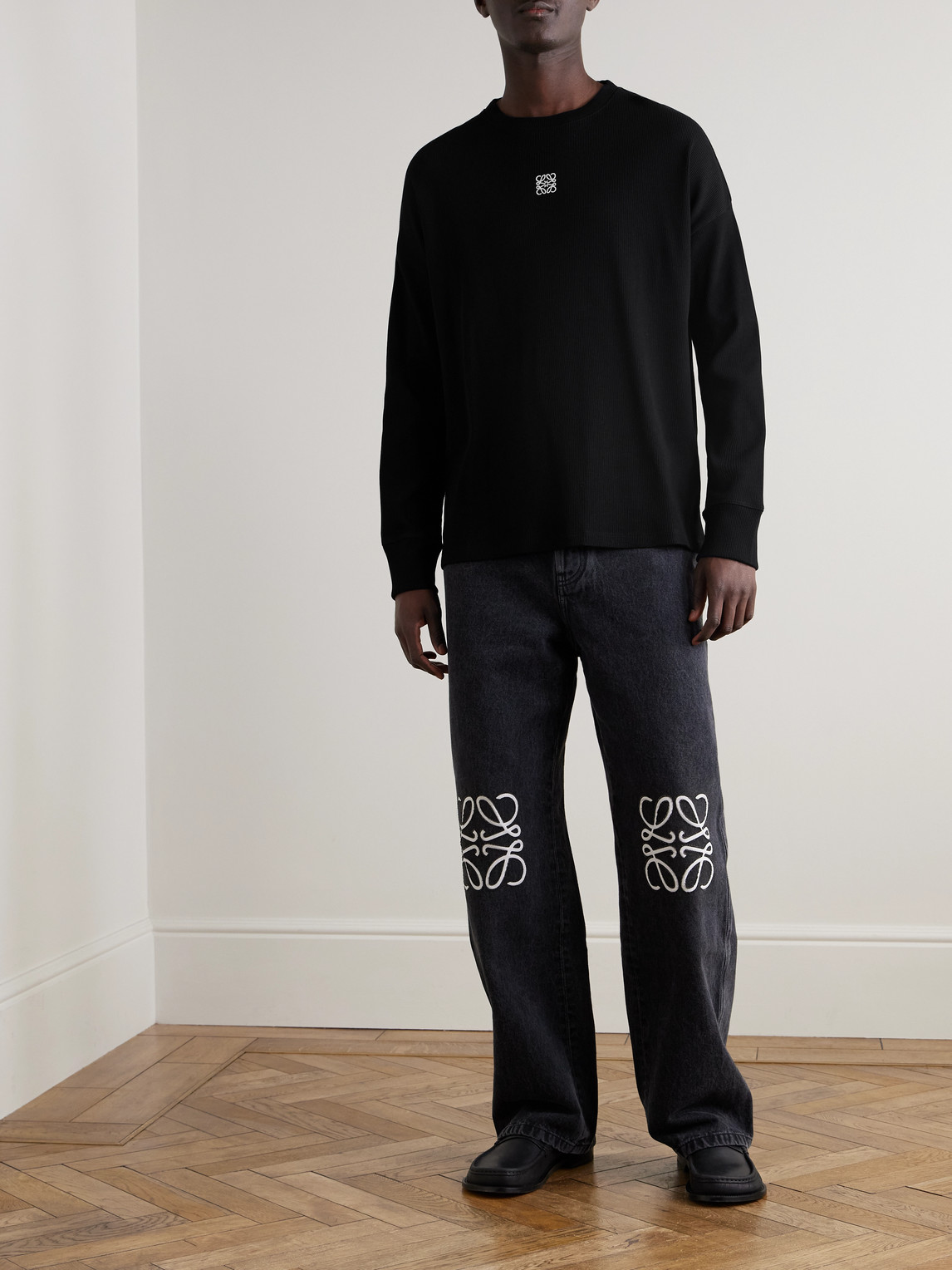 Shop Loewe Oversized Logo-embroidered Ribbed Cotton T-shirt In Black