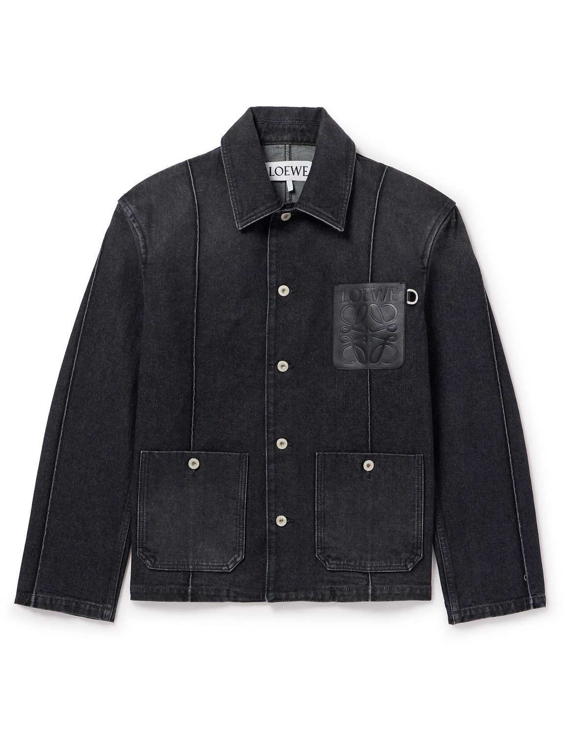 Shop Loewe Logo-debossed Leather-trimmed Denim Jacket In Black