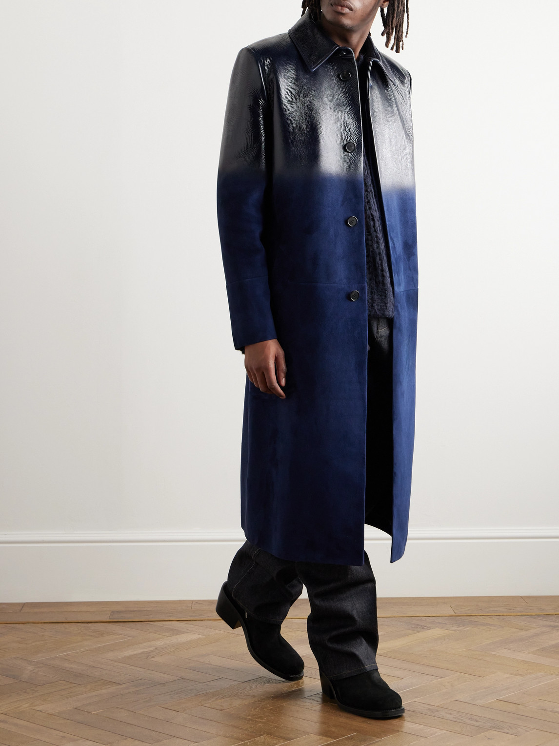 Shop Loewe Textured-leather And Suede Coat In Blue
