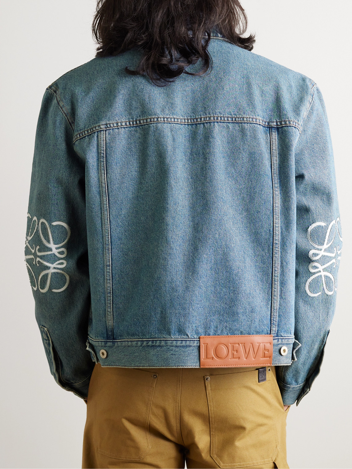 Shop Loewe Anagram Leather-trimmed Cutout Denim Trucker Jacket In Blue