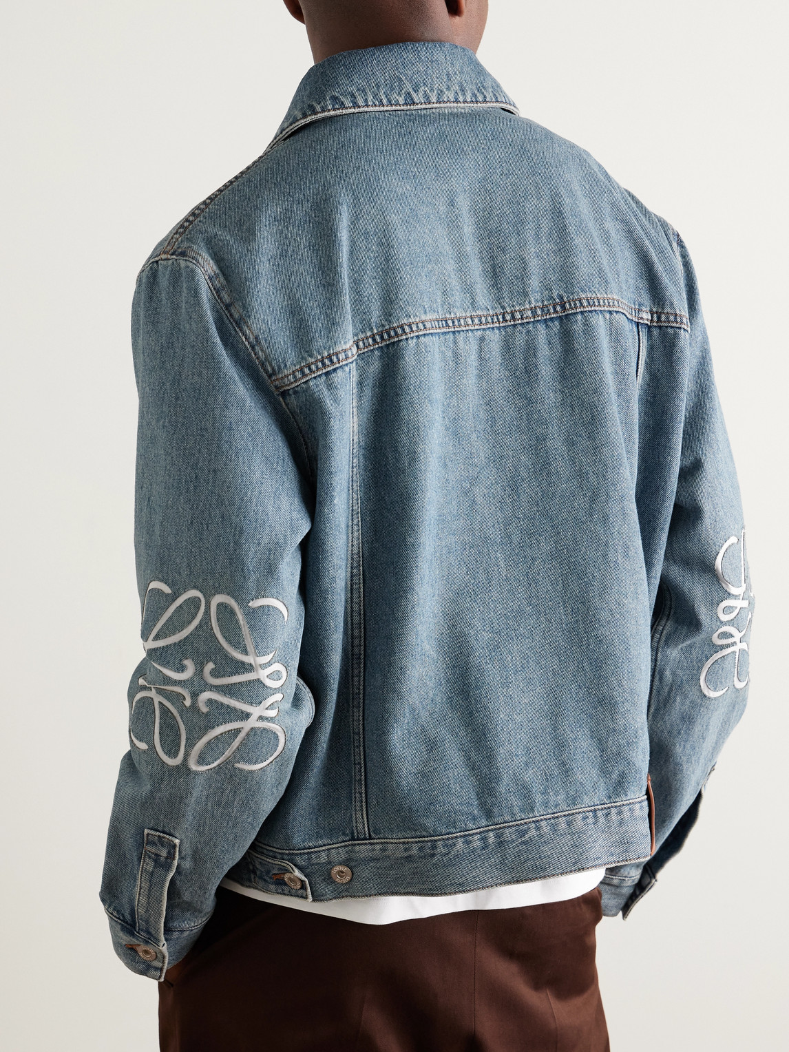 Shop Loewe Anagram Leather-trimmed Cutout Denim Trucker Jacket In Blue