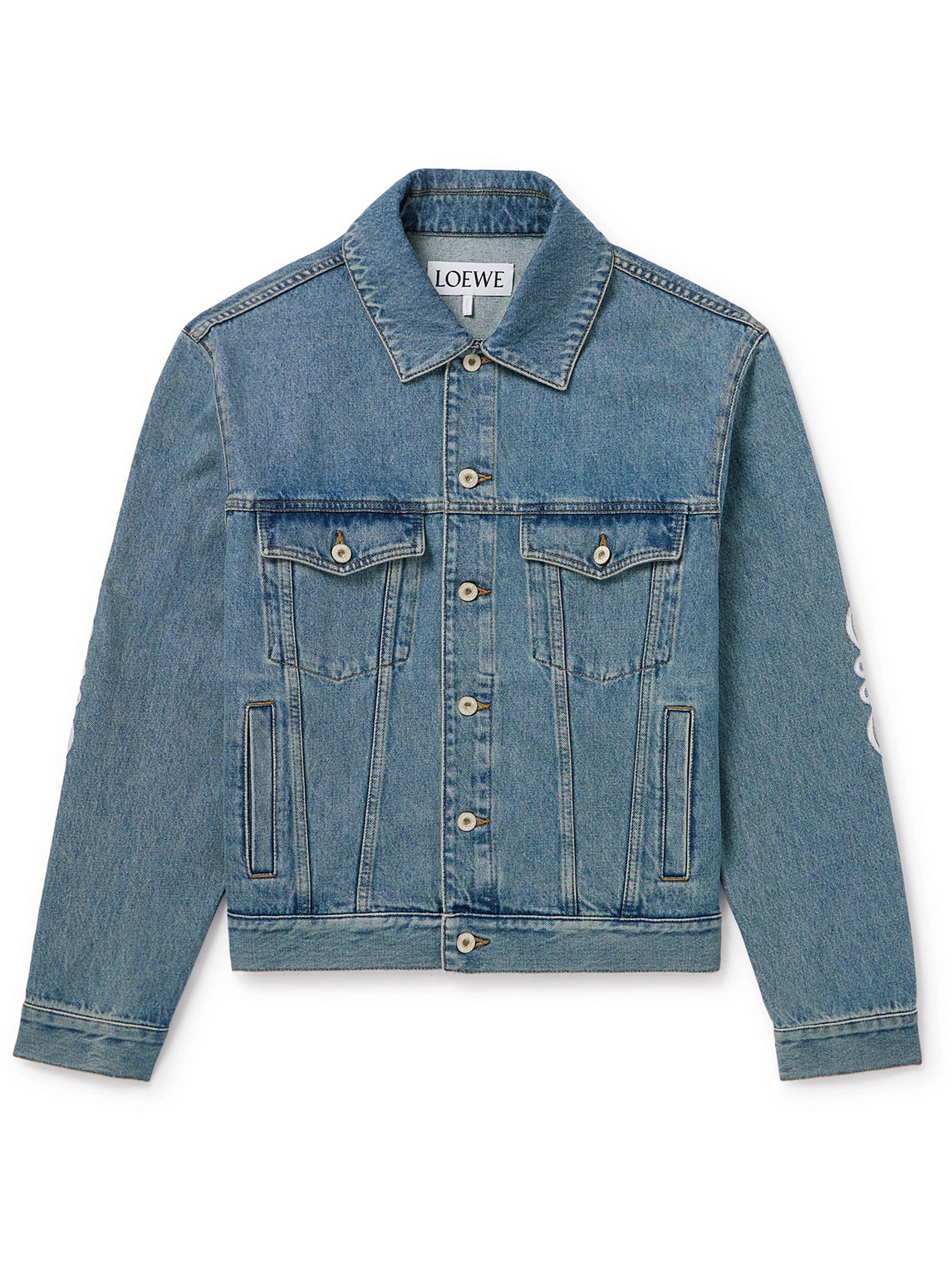 Anagram Leather-Trimmed Cutout Denim Trucker Jacket