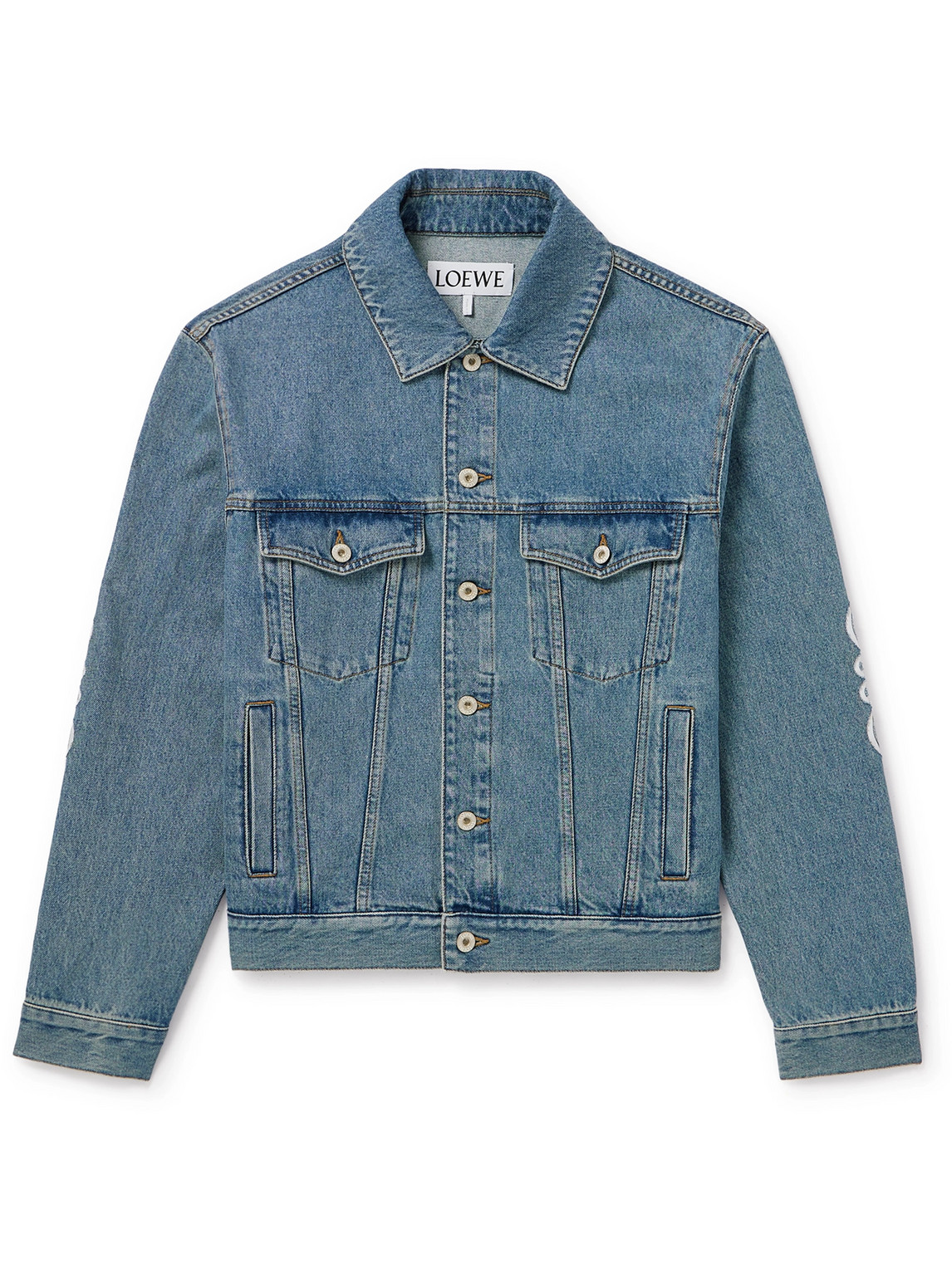 Shop Loewe Anagram Leather-trimmed Cutout Denim Trucker Jacket In Blue