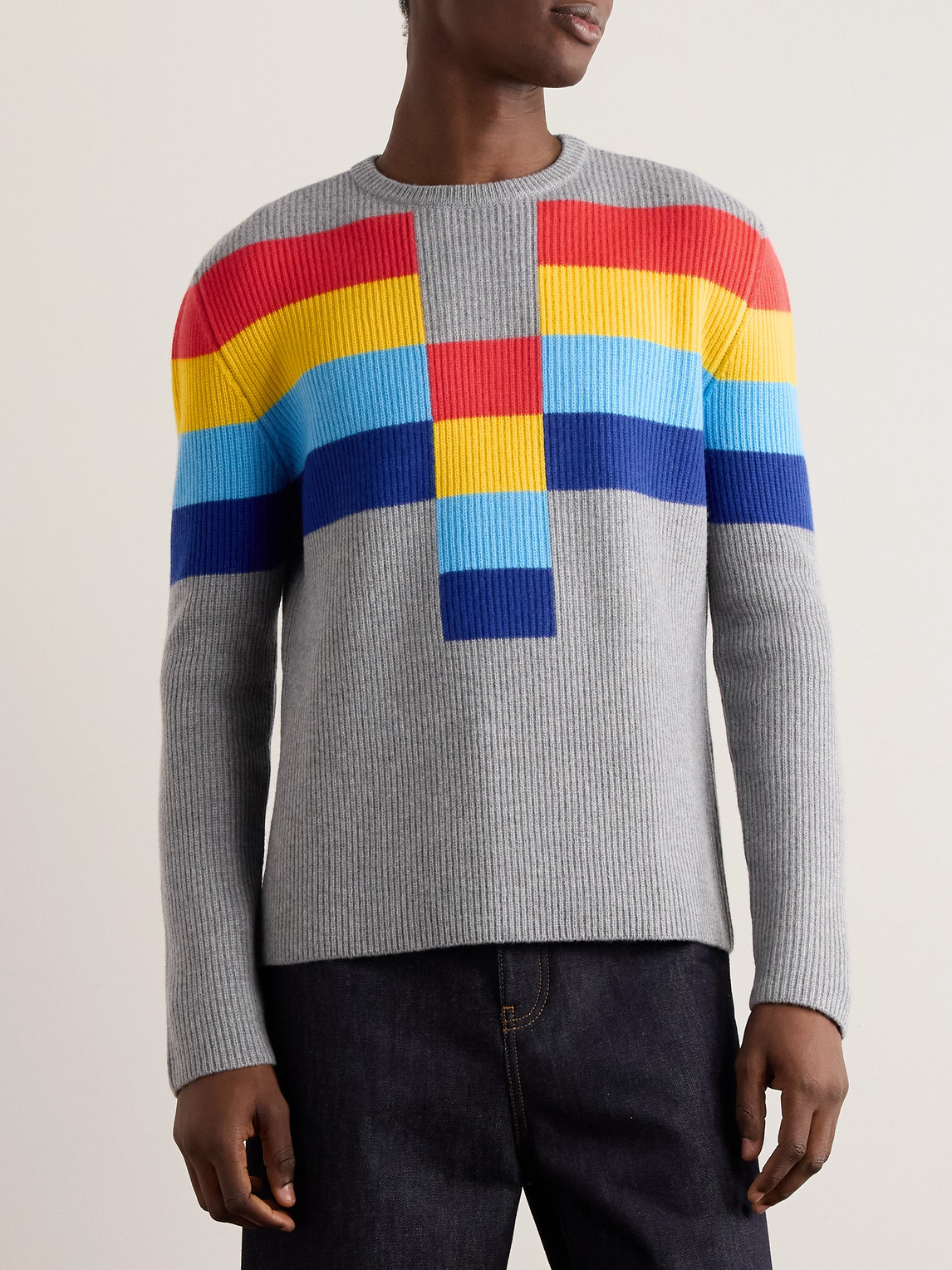 Shop Loewe Striped Ribbed Wool Sweater In Gray