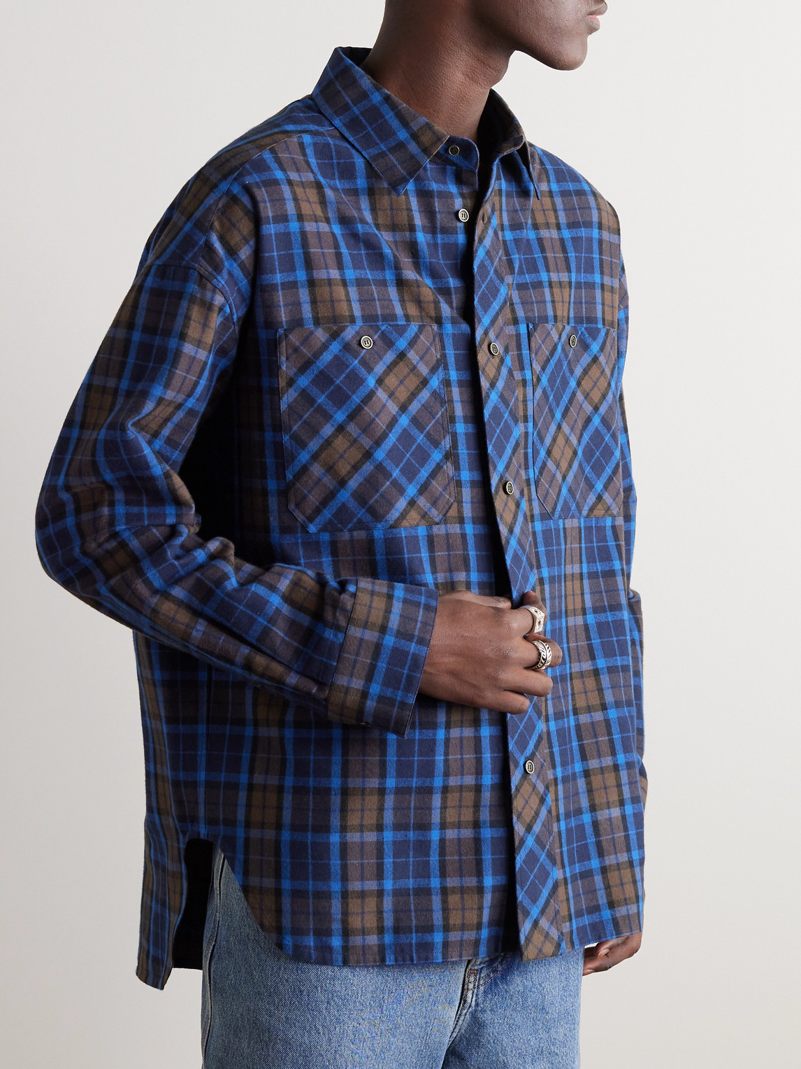 Shop Loewe Leather-trimmed Checked Cotton-flannel Shirt In Blue