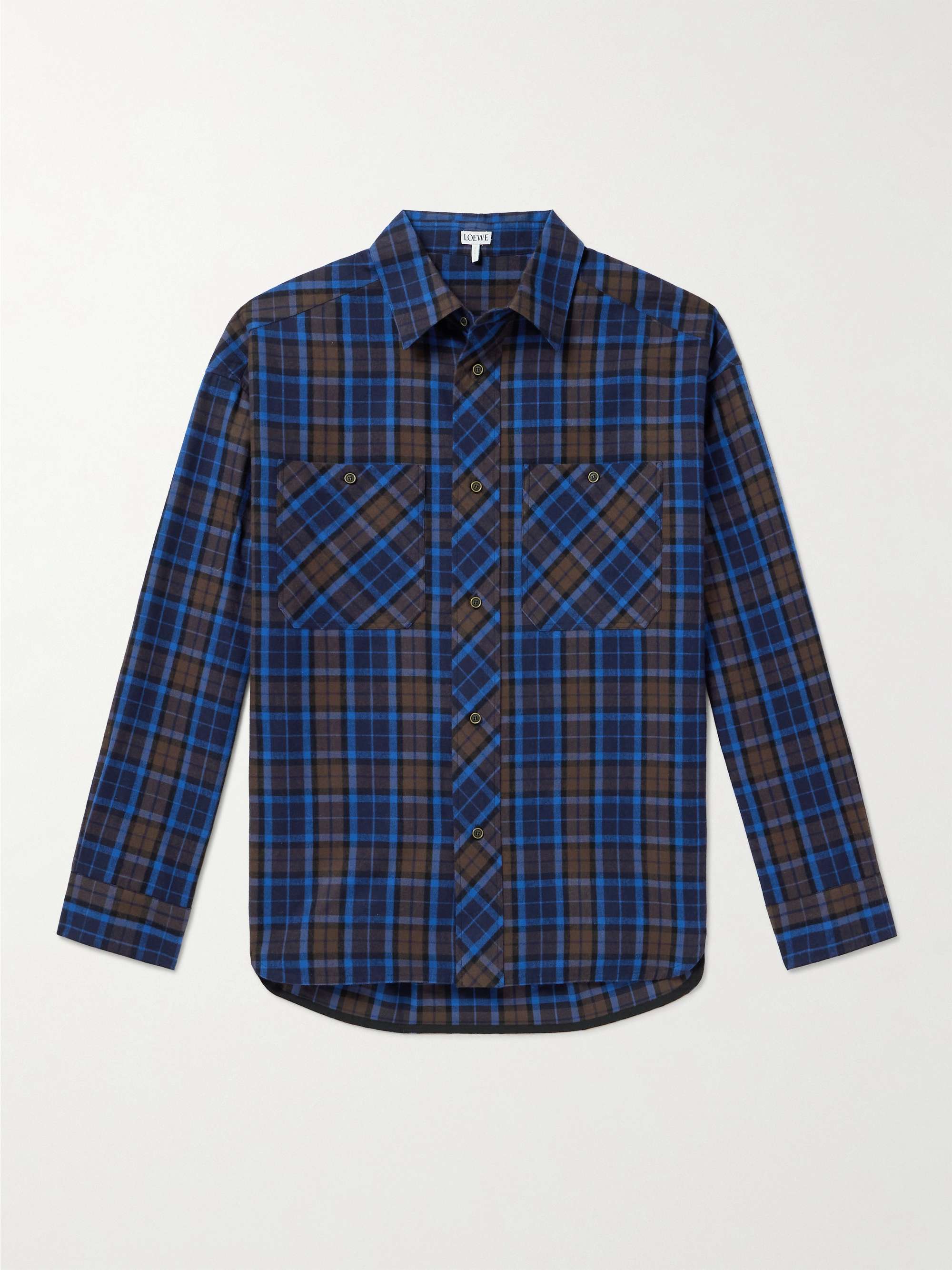 LOEWE Leather-Trimmed Checked Cotton-Flannel Shirt for Men | MR PORTER