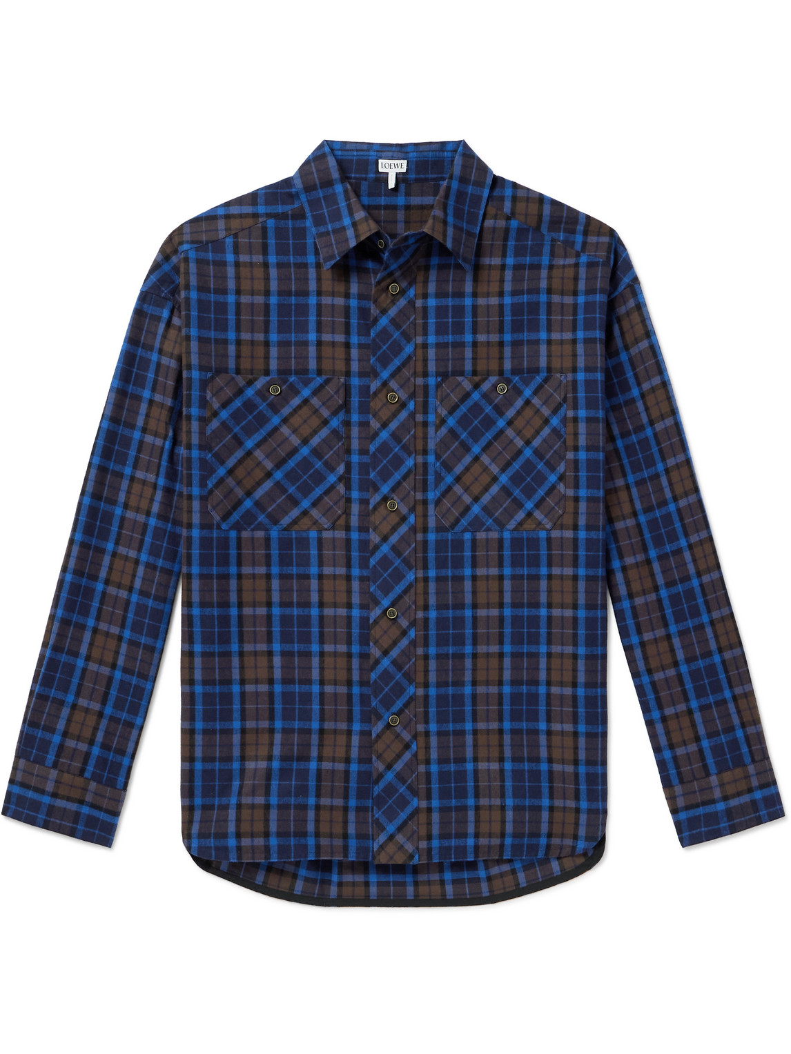 Loewe Leather-trimmed Checked Cotton-flannel Shirt In Blue