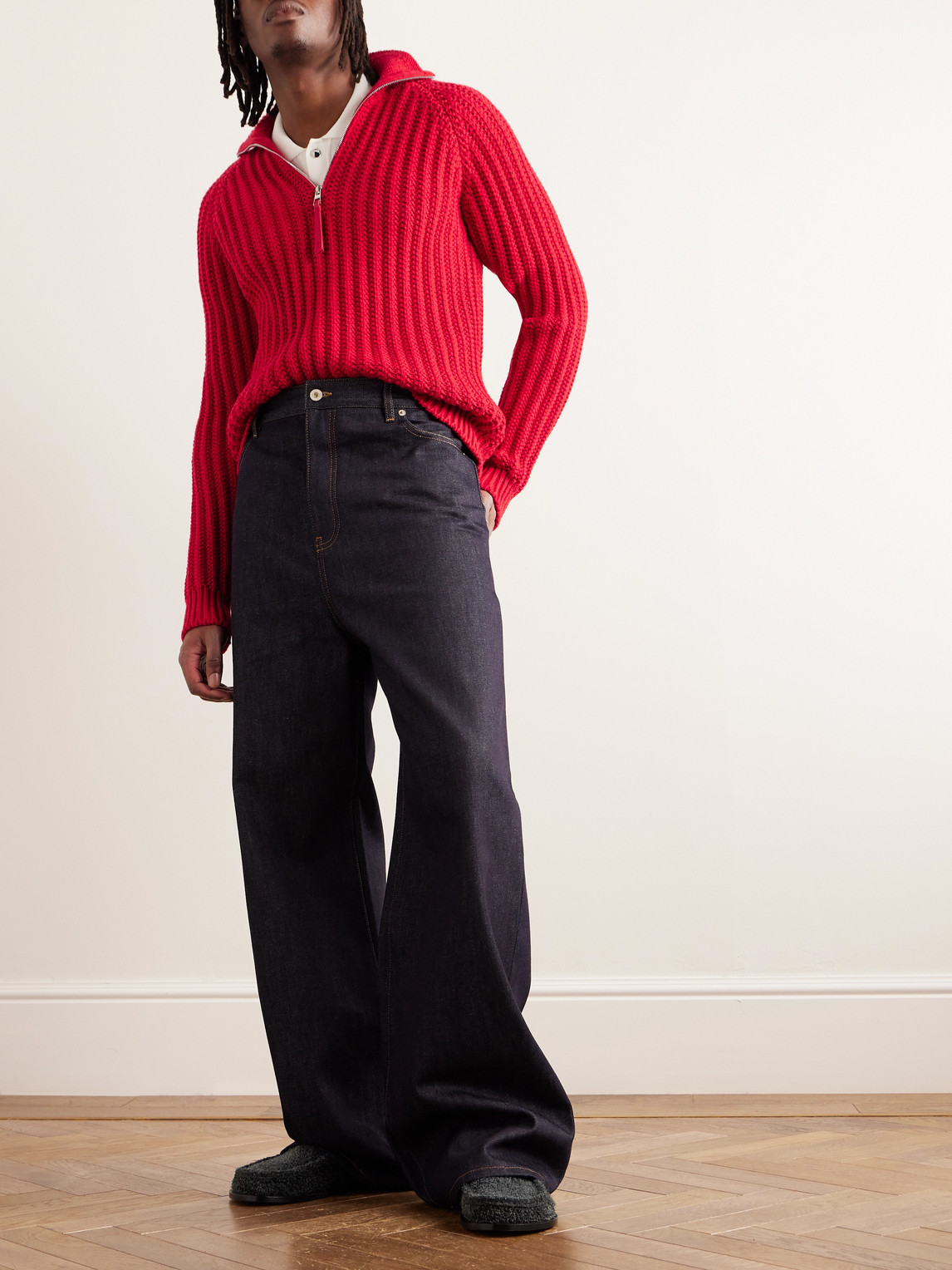 Shop Loewe Fisherman Ribbed Wool Half-zip Sweater In Red