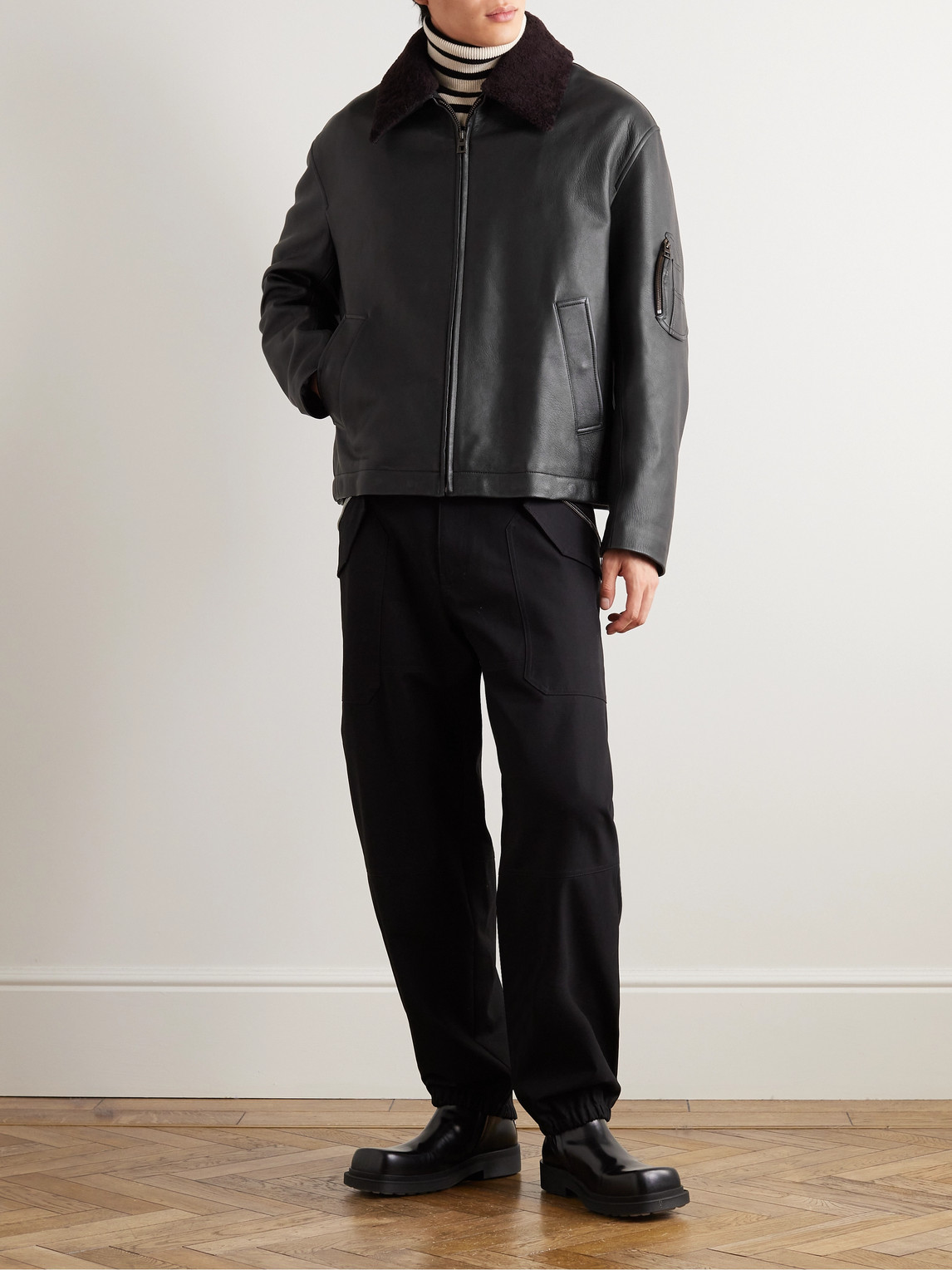 Shop Loewe Appliquéd Shearling-trimmed Leather Jacket In Black