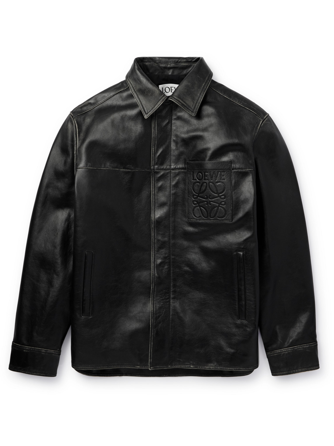 Loewe Logo-embossed Distressed Leather Jacket In Black