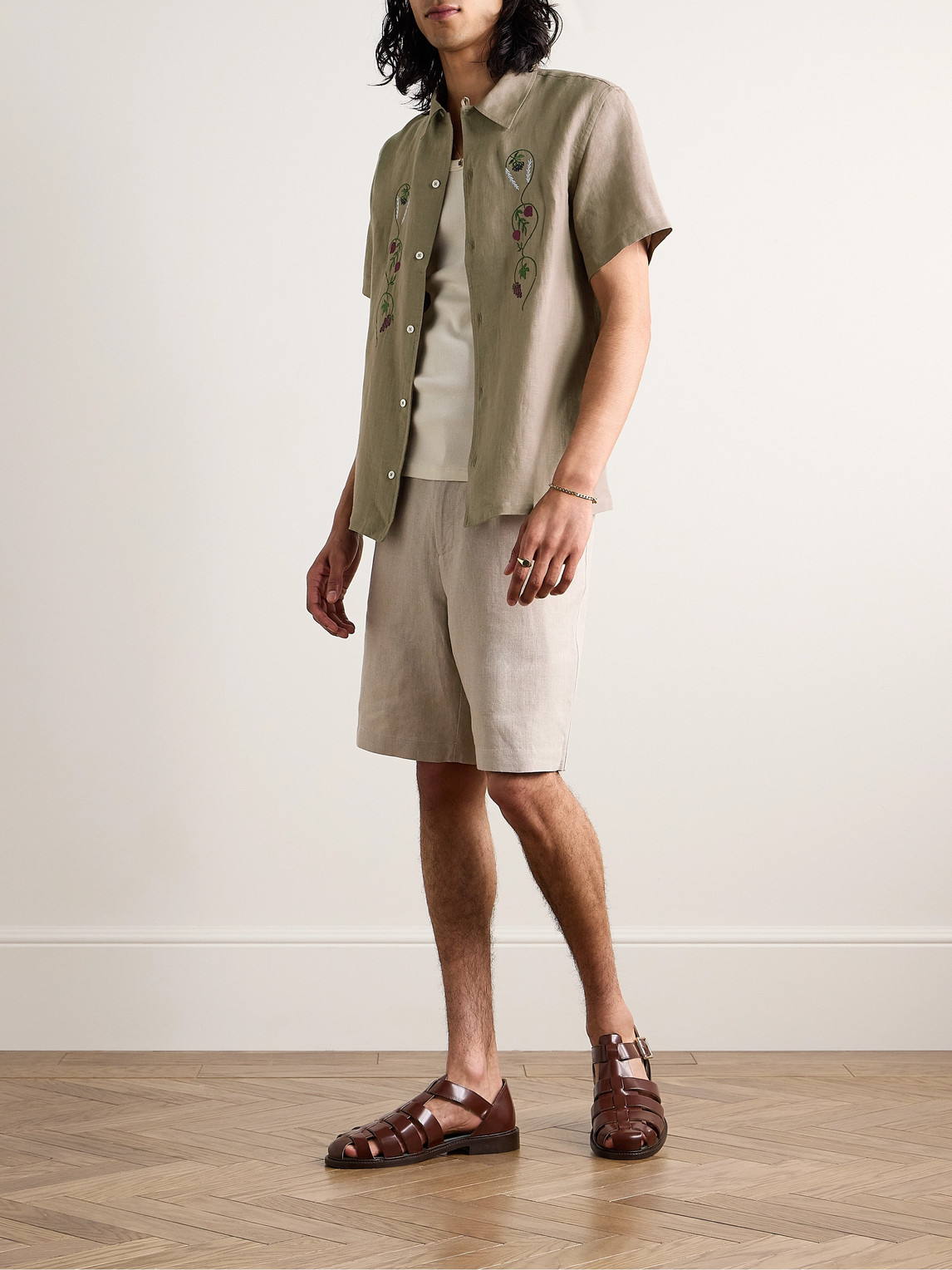 Shop De Bonne Facture Convertible-collar Embroidered Linen Shirt In Neutrals