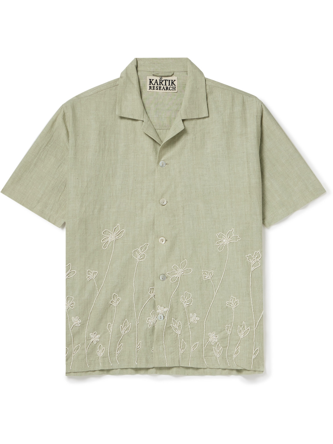 Kartik Research Camp-collar Beaded Cotton-gauze Shirt In Green
