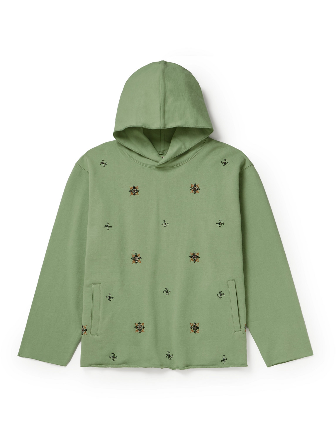 Kartik Research Embroidered Distressed Cotton-jersey Hoodie In Green