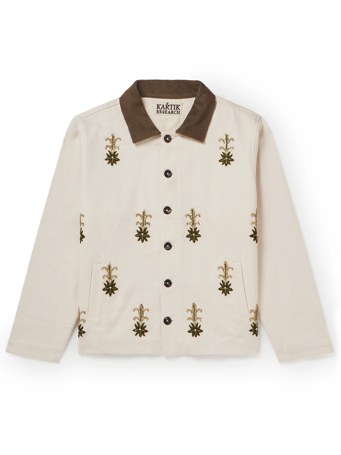 Kartik Research Corduroy-trimmed Embroidered Cotton-twill Jacket In Neutrals