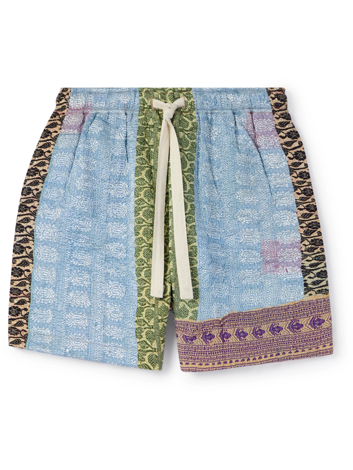 Zari Straight-Leg Patchwork Upcycled Cotton Drawstring Shorts