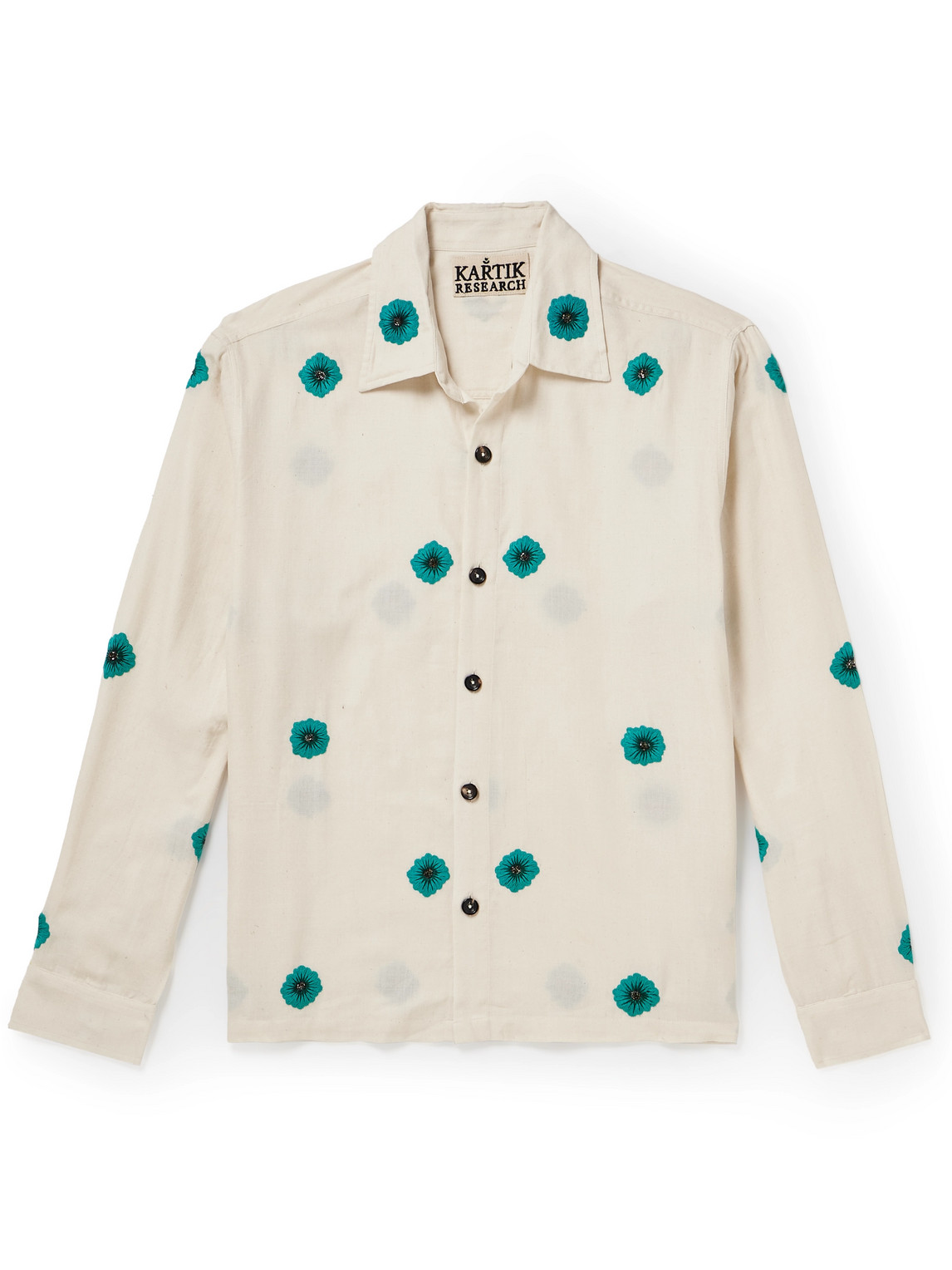 Camp-Collar Embellished Embroidered Cotton-Jacquard Shirt