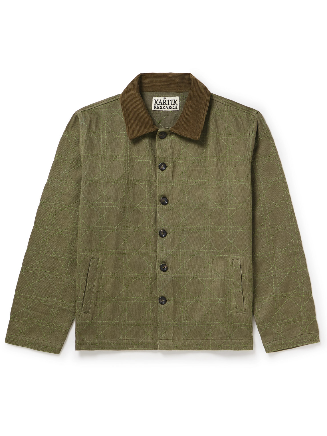 Kartik Research Cropped Corduroy-trimmed Embroidered Cotton-canvas Jacket In Green