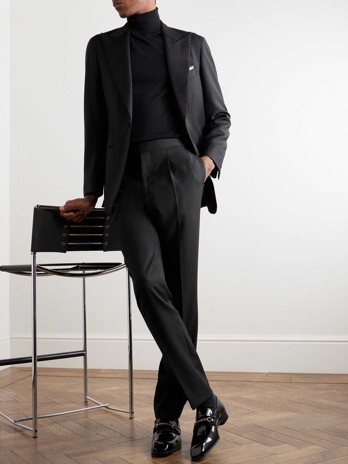 Shop Saman Amel Straight-leg Pleated Wool Tuxedo Trousers In Black