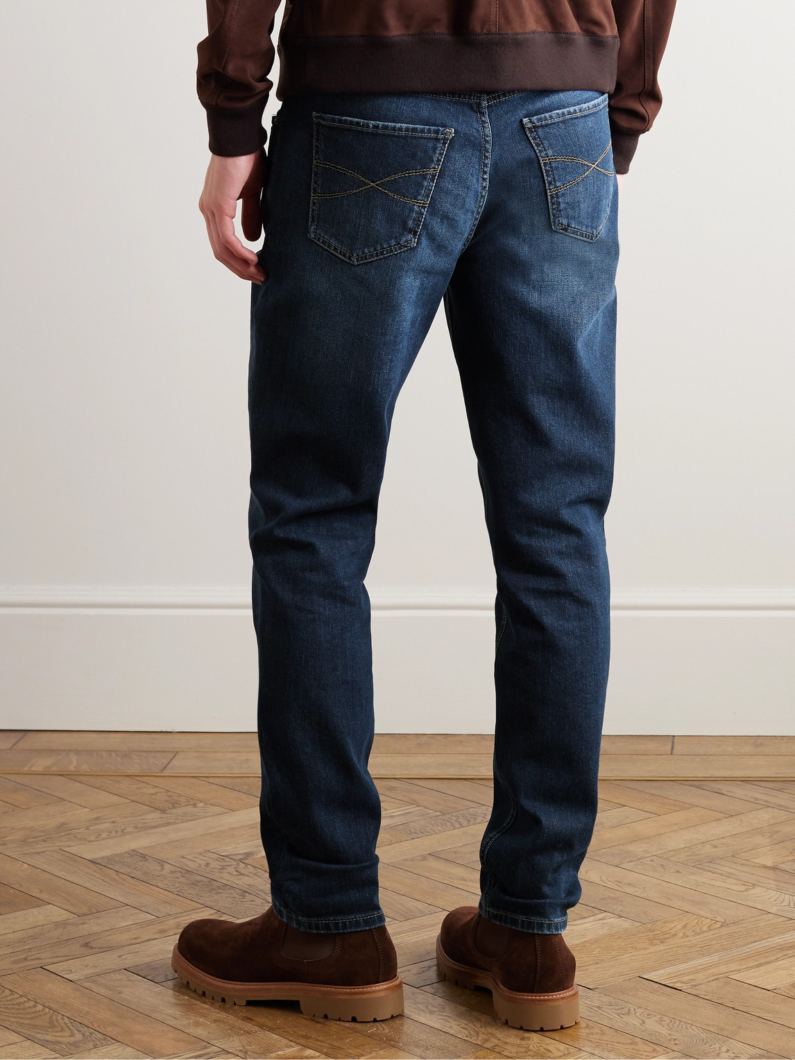 Shop Brunello Cucinelli Slim-fit Straight-leg Logo-embroidered Jeans In Blue