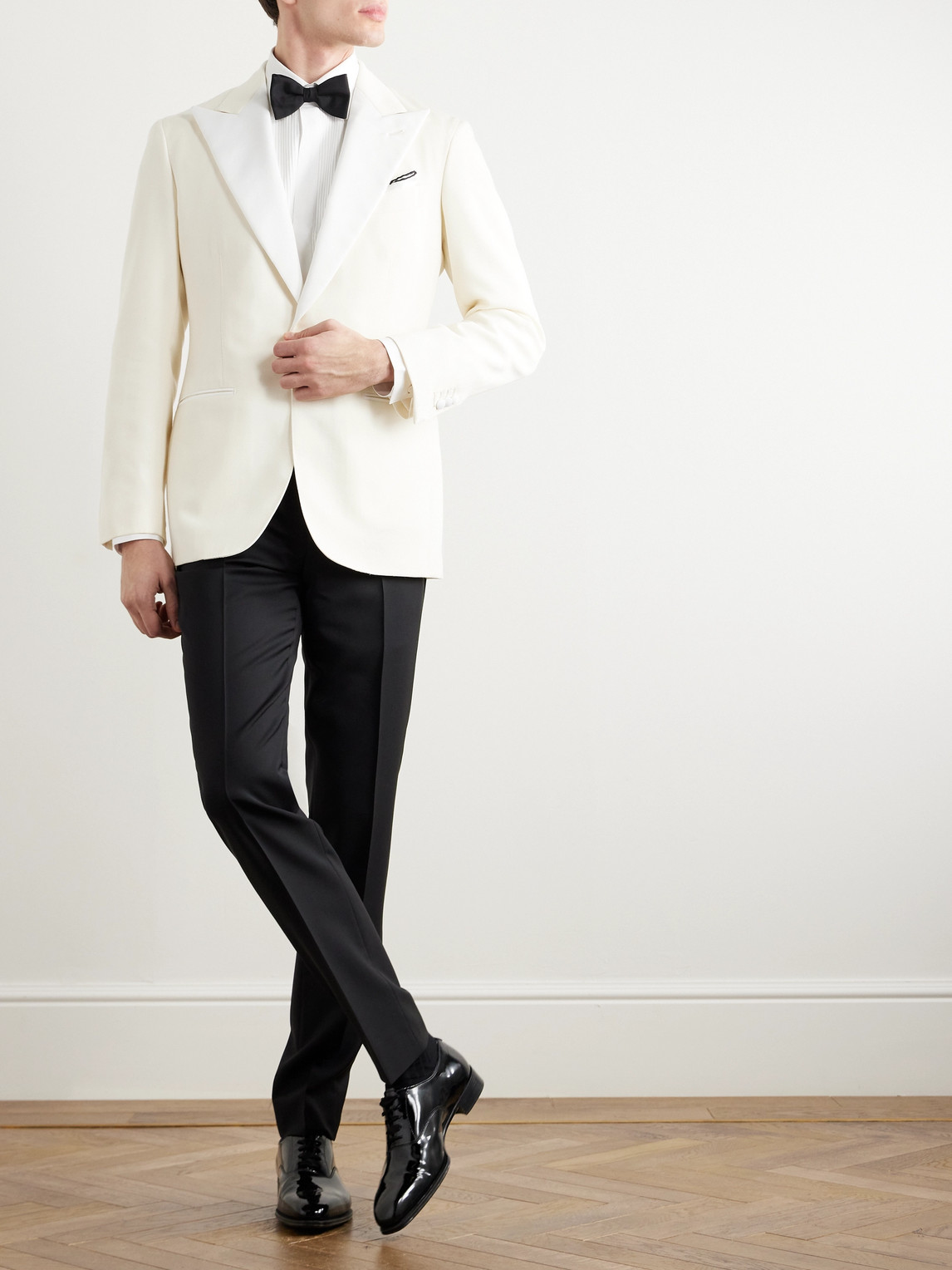 Shop Saman Amel Grosgrain-trimmed Wool Tuxedo Jacket In Neutrals