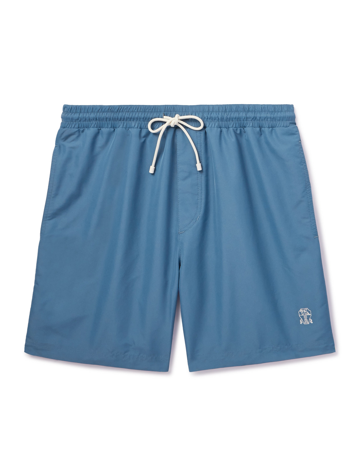 Shop Brunello Cucinelli Straight-leg Mid-length Logo-embroidered Swim Shorts In Blue