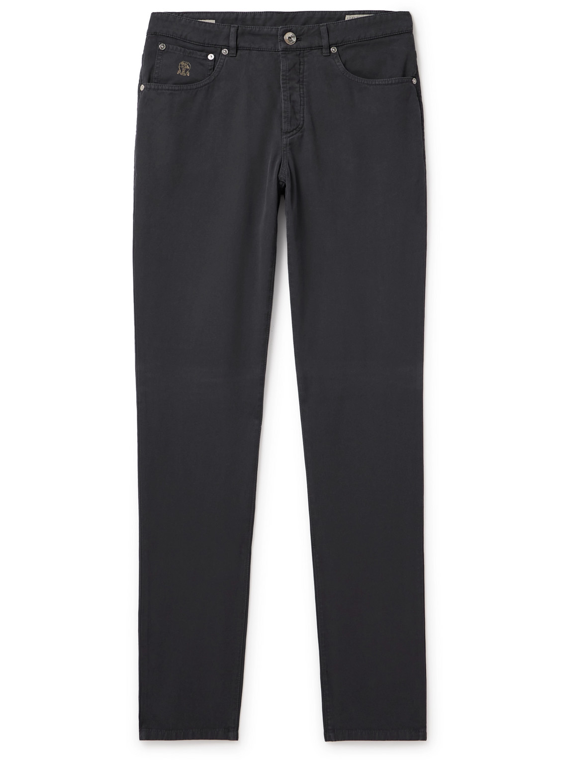 Brunello Cucinelli Straight-leg Logo-embroidered Cotton-gabardine Trousers In Gray