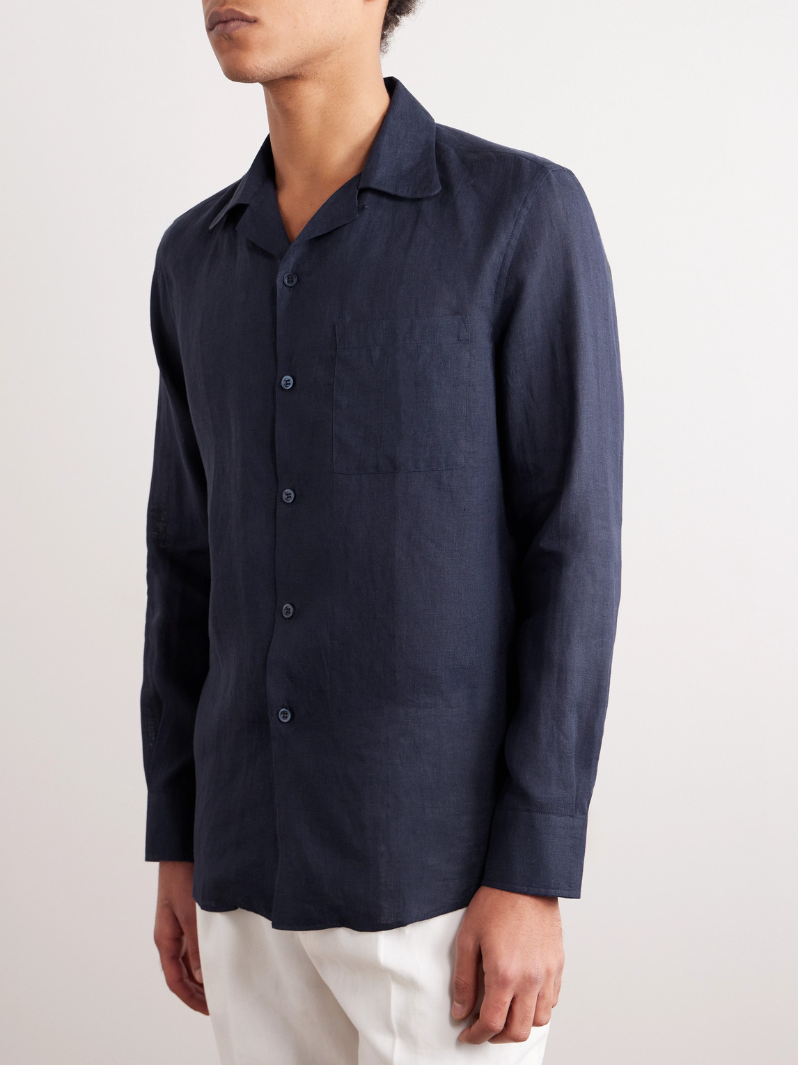 Shop Brunello Cucinelli Camp-collar Linen Shirt In Blue