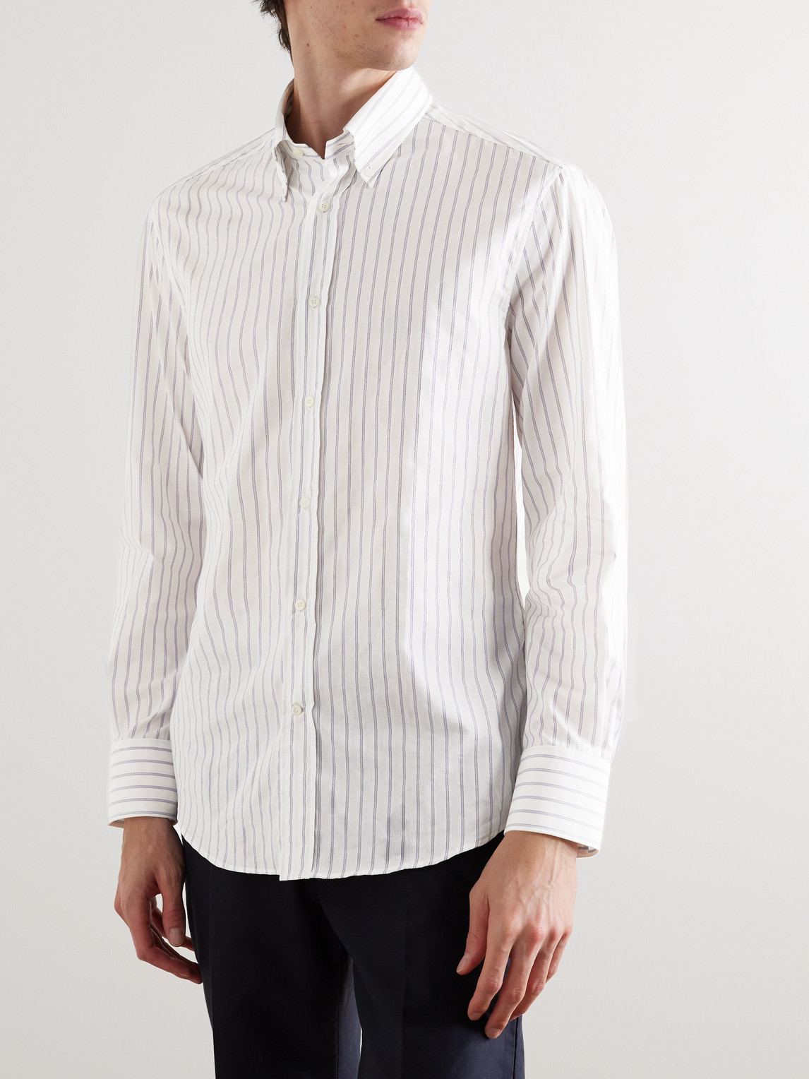 Shop Brunello Cucinelli Button-down Collar Striped Cotton Shirt In White