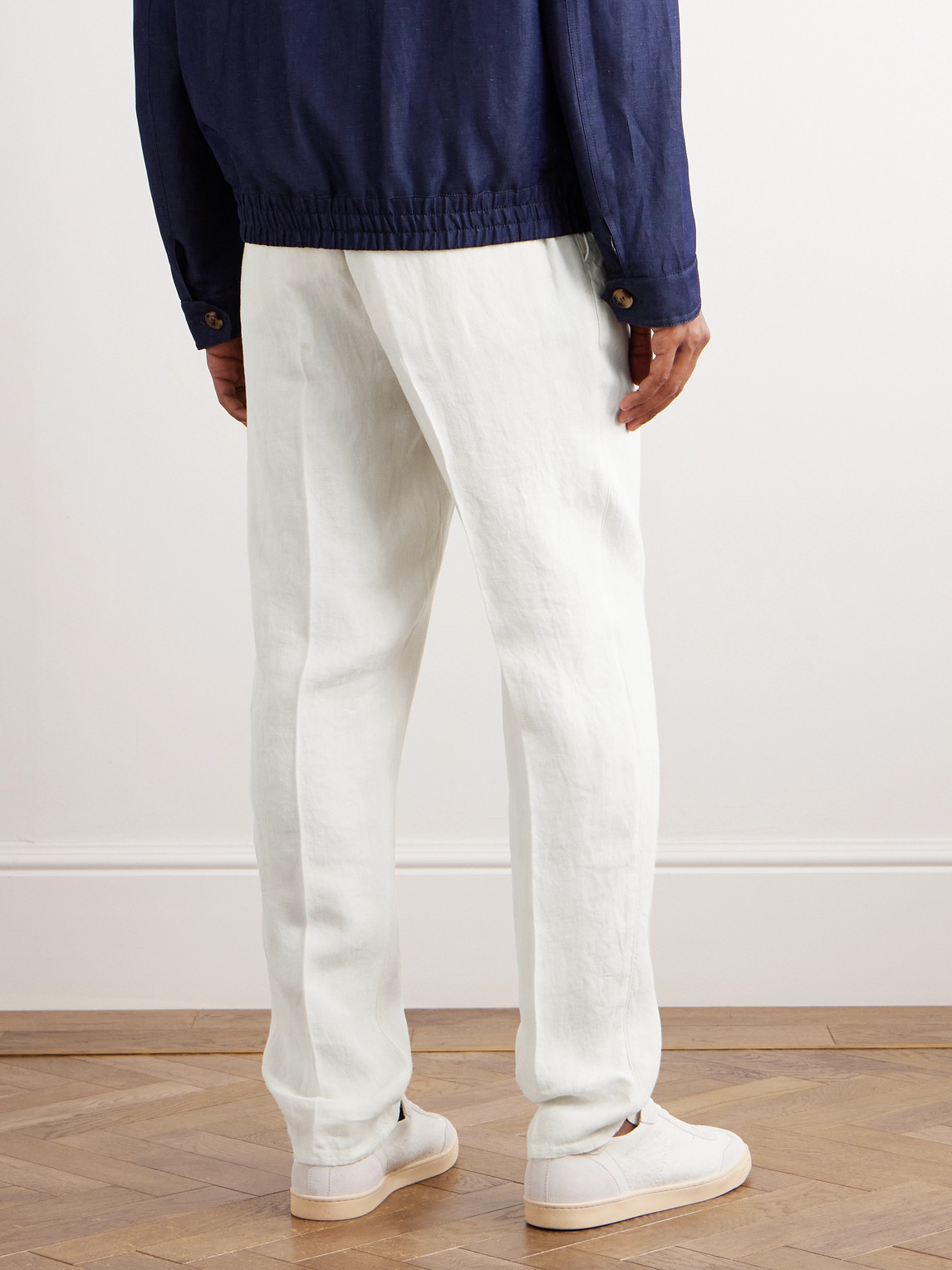 Shop Brunello Cucinelli Straight-leg Pleated Linen-twill Drawstring Trousers In White